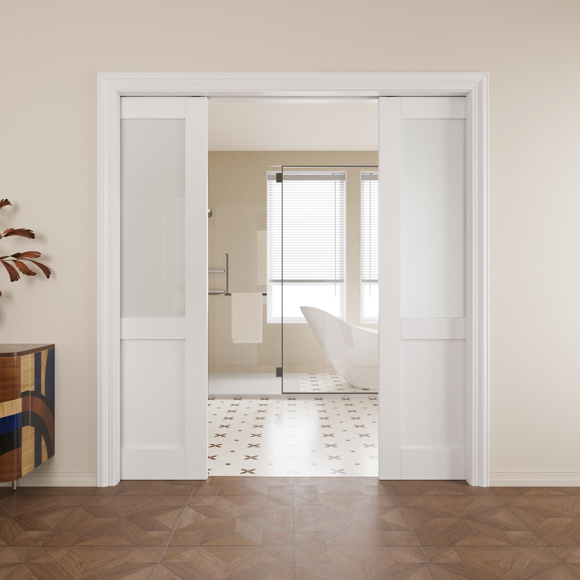 Pocket Door,Half-Lite Frosted Glass Doors,Solid Door,64x80 Door