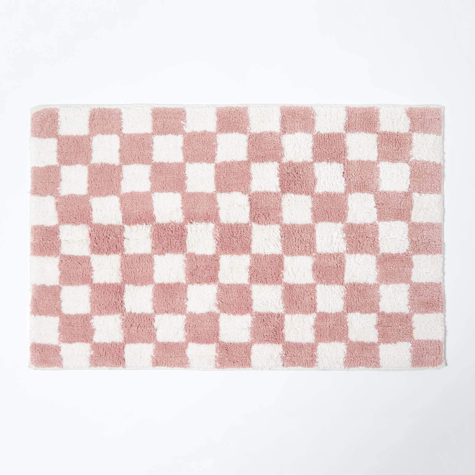 HOMESCAPES Super Absorbent Soft 100% Cotton ‘Brighton’ Blush Pink and White Bathmat with Checkerboard Geometric Pattern and Non Slip Latex Backing, 50 x 80 cm Large Shower Mat Washable