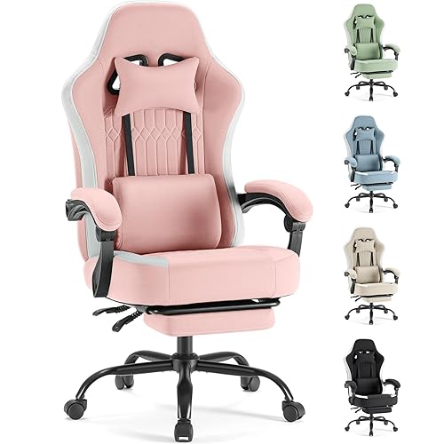 Sweetcrispy Video Gaming Chair - Ergonomic Desk Chair with Footrest and Lumbar Support, Height Adjustable High Back Task Chair with Linkage Armrests and Headrest, 360° Wheels, Pink