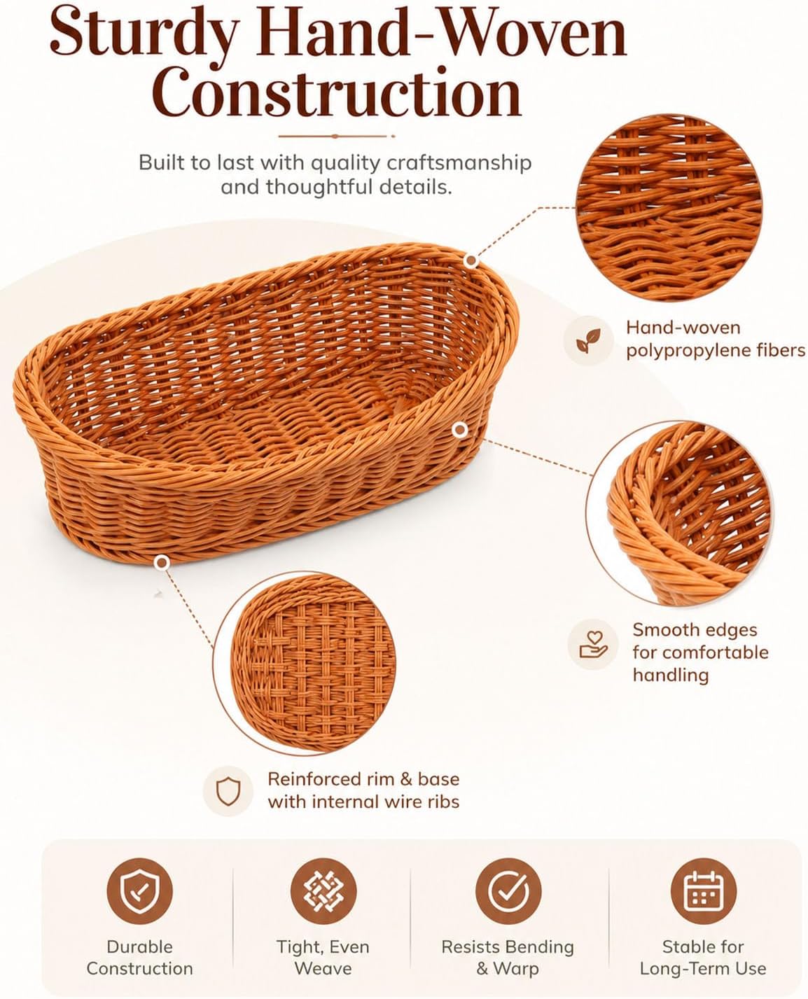 Woven Breads Baskets, 3 Pack Wicker Basket Bread Baskets For Serving Oven Serving Basket For Vegetables, Kitchen, Restaurant, Outdoor, 3 Sizes