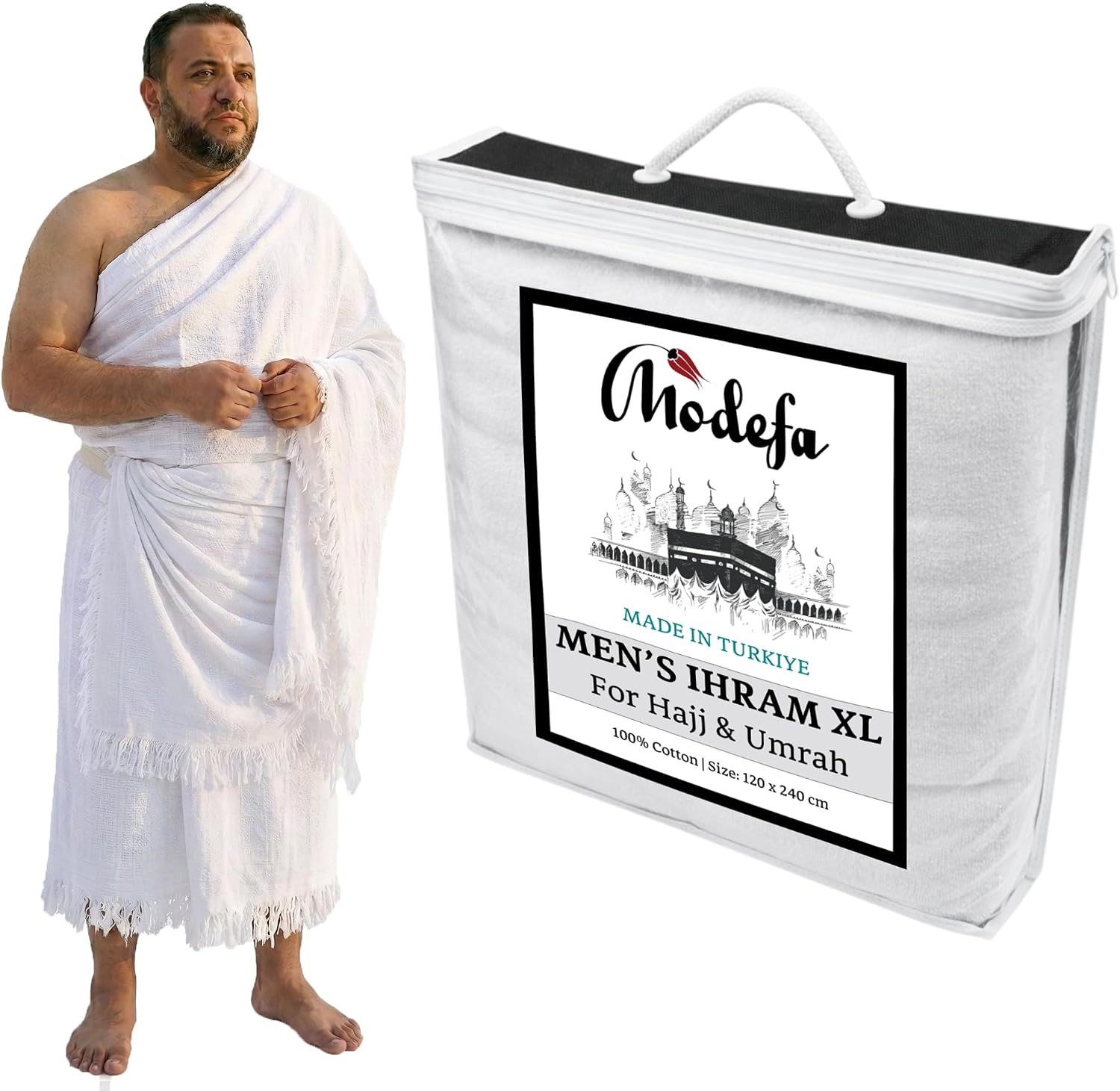 Modefa Plus Size Extra Large Ihram for Umrah Men Towel Set - Unsewn Ahram Hajj Essentials for Men Umrah Essentials Ehram - 120 x 240cm per Towel 2 Towels Turkish 100% Cotton 1250 Grams (XL Ihram)