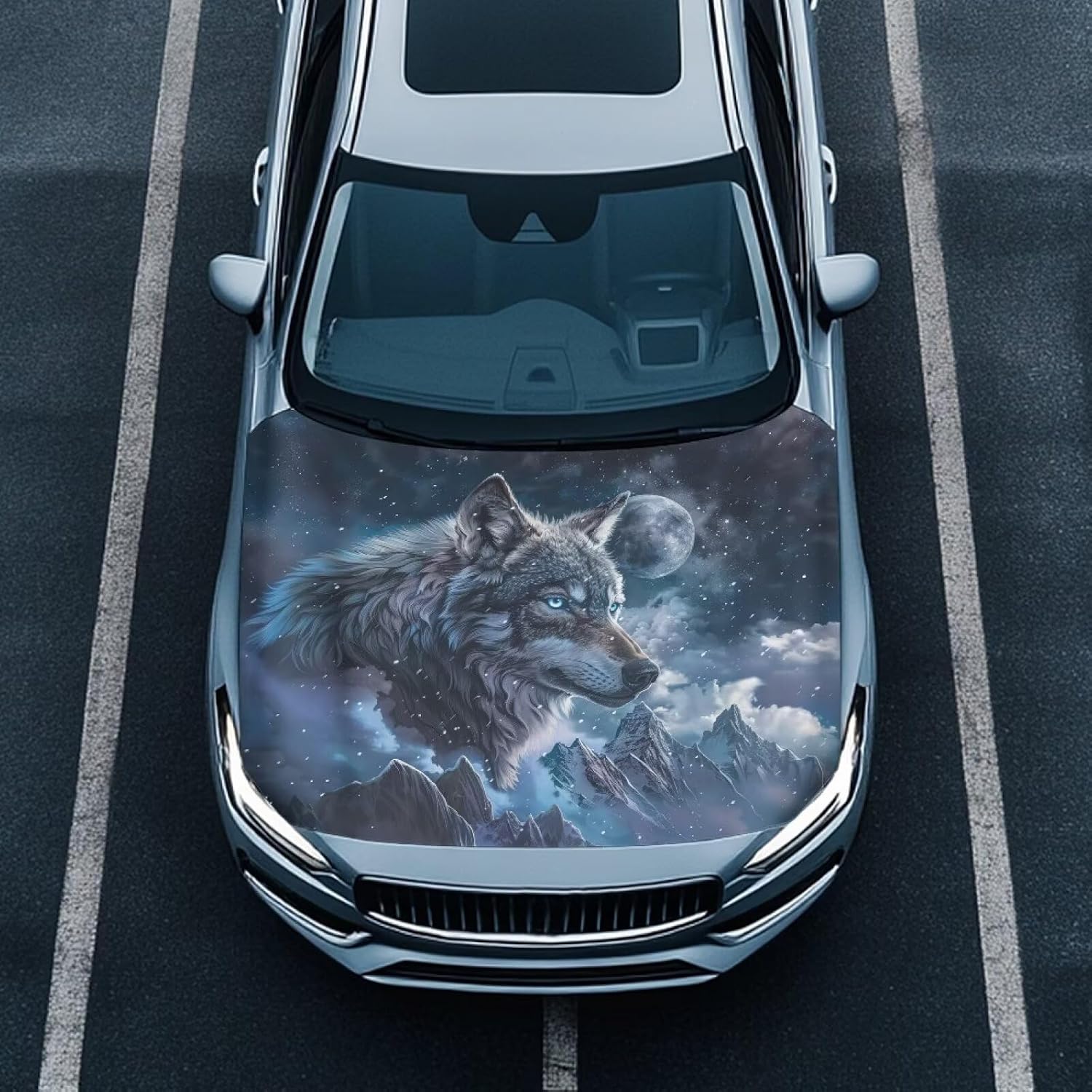 Grey Wolf Universal Car Bonnet Banner Moon Non-Slip 59.05"x39.37" Inch Car Hood Cover with Elastic Bottom Automotive Exterior Accessories Fits Most Sedans SUV Pickup Truck image 2