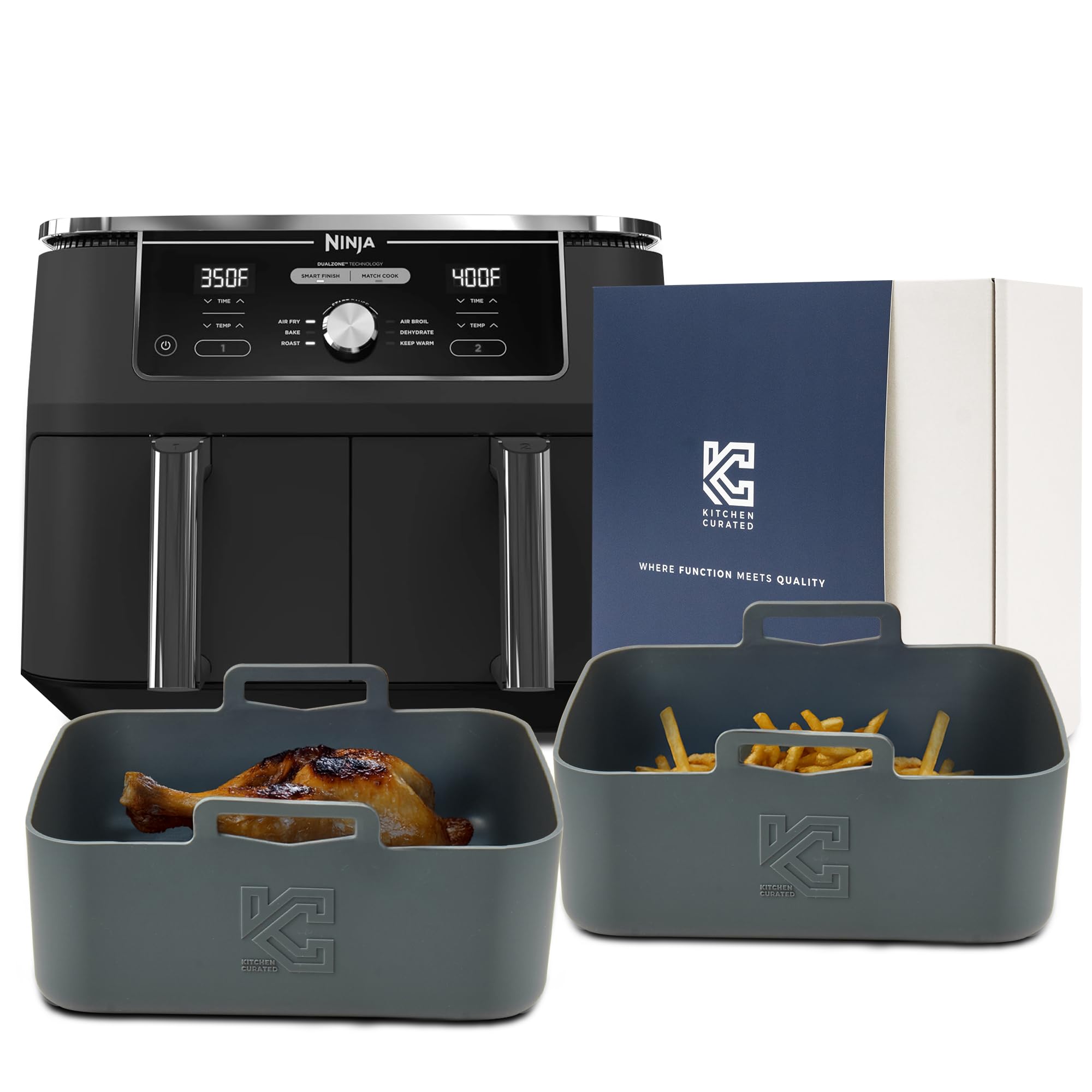 Kitchen Curated Premium 2-Piece Silicone Air Fryer Liners – Reusable, Custom-Fit for Ninja DualZone 10-Quart Air Fryers (DZ401, DZ550 Compatible)