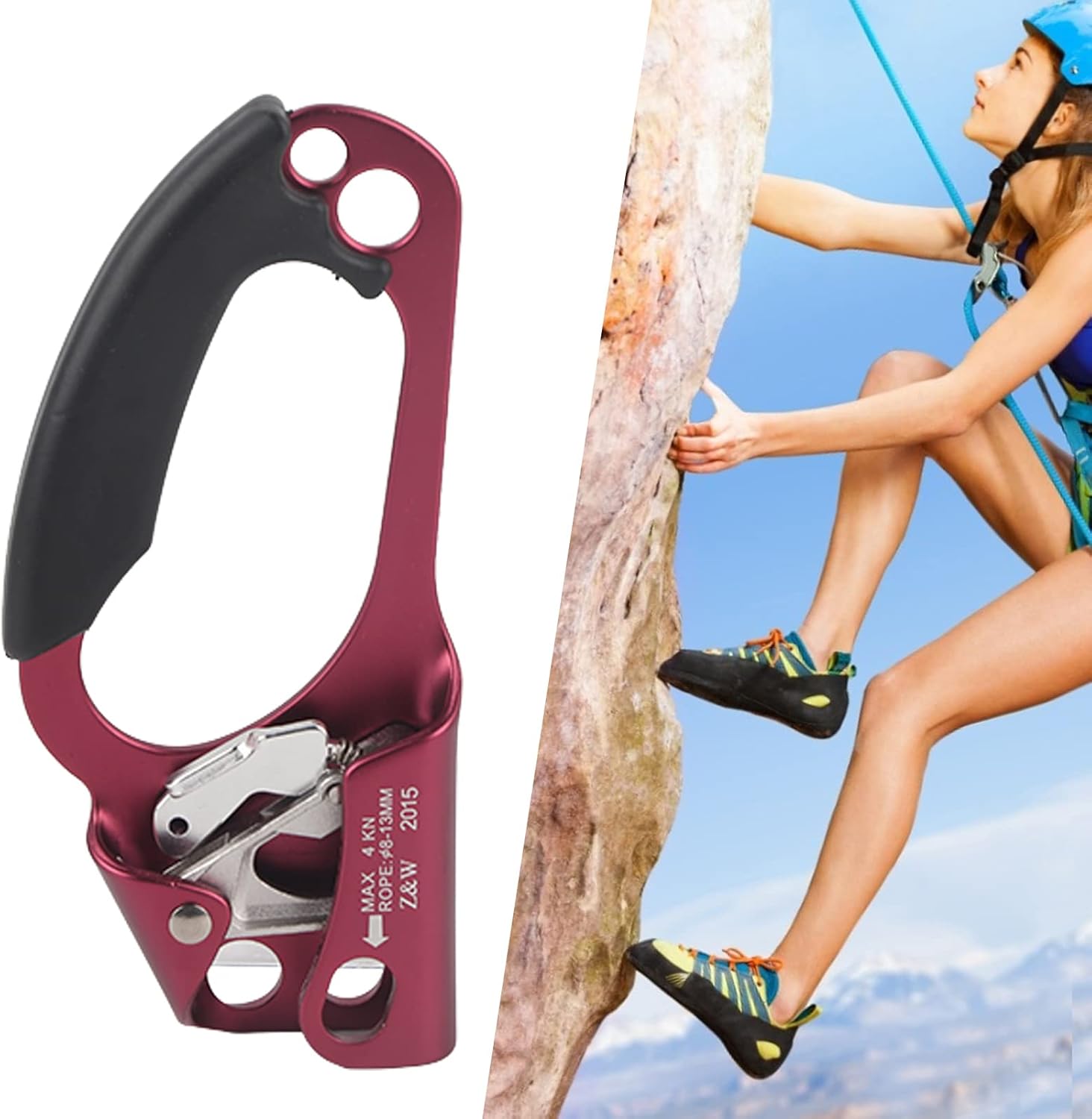 4KN Rock Climbing Ascender Right Hand | Aluminum Alloy Mountaineering Device for Climbing/Caving/Rescue | Ergonomic Handle with Spring Mechanism & Mud Drainage Spines(Wine Red)