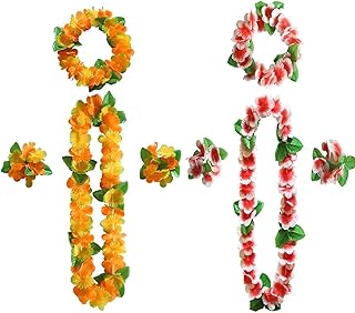 Hawaiian flower Leis,Tropical Luau Party Hula Garland Necklaces Bracelets Headband Jumbo Simulated Silk Flowers for Hawaii...