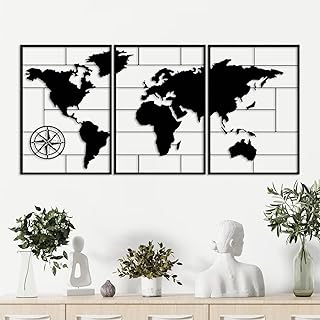 DUOOLN 3-Piece Metal World Map Wall Decor Art, Abstract Minimalist Hangi...