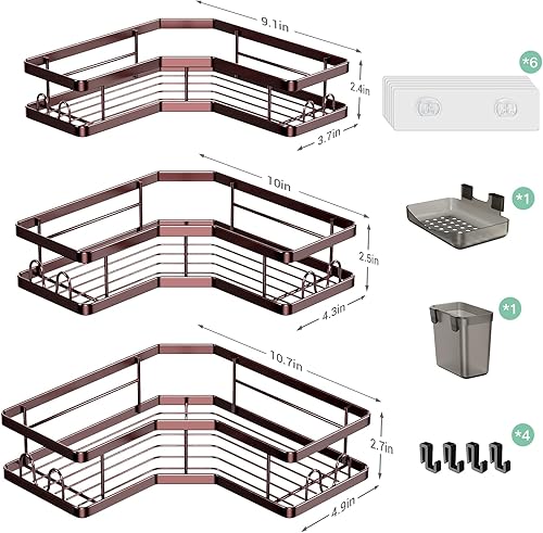Miniatura 6 de Estante organizador de ducha esquinero estante de ducha adhesivo sin perforación, estantes de bañera - Paquete de 3 estantes de ducha de baño