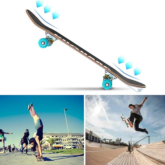 Skateboards for Beginners 31 x 8 inch Complete Skateboard for Kids Teens Adults, 7 Layer Maple Double Kick Deck Concave Cruiser Trick Skateboard for Boys Girls, Colorful Flashing Wheels