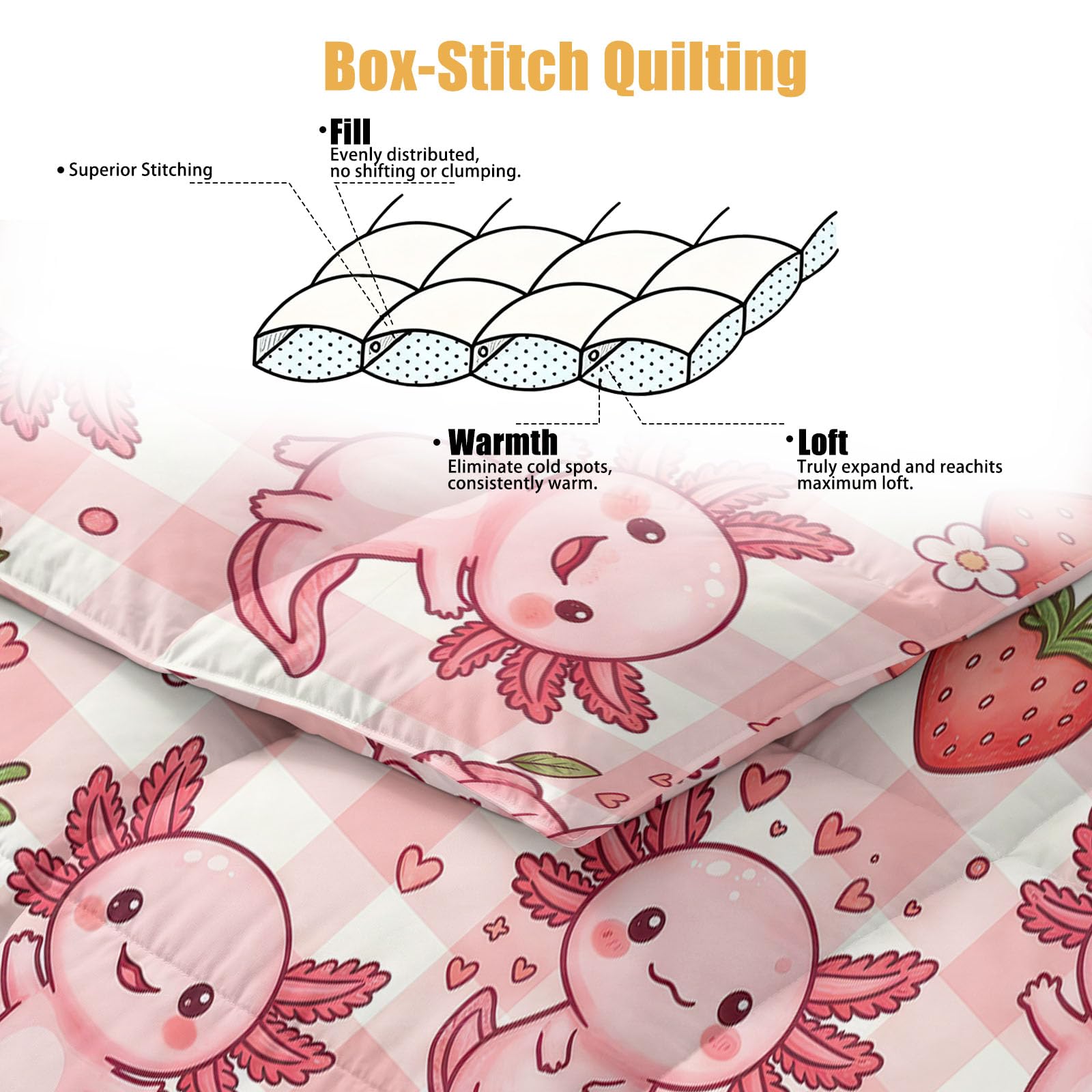 Piumino senza rivestimento, 200 x 220 cm, trapunta invernale traspirante per cameretta dei bambini, motivo animali, cibo, cartone animato Axolotl e fragola, in morbida microfibra, calda coperta