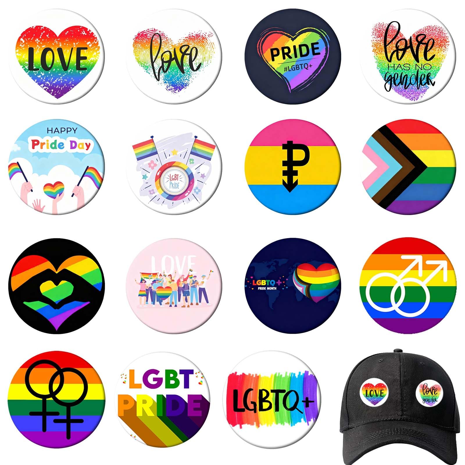 Chapas Pride LGBTQ 15 Piezas 44MM, Insignias Arcoíris LGBT, Pines Redondos de Metal, Set Broches Orgullo