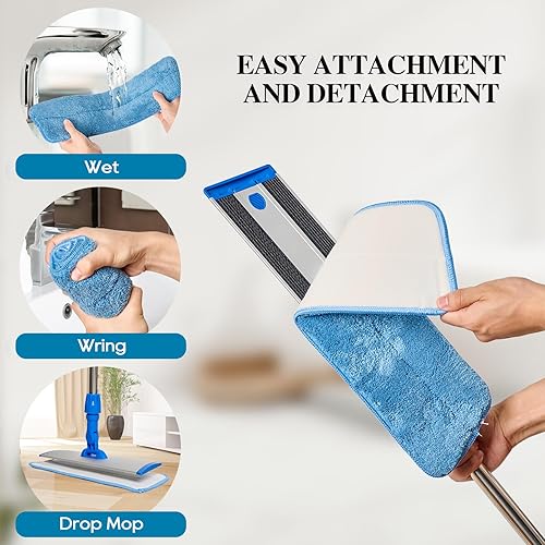 Miniatura 4 de HONOVA Trapeador de microfibra de 17.5 pulgadas para limpieza de suelos, trapeador plano azul con mango de acero inoxidable de 58 pulgadas, 4
