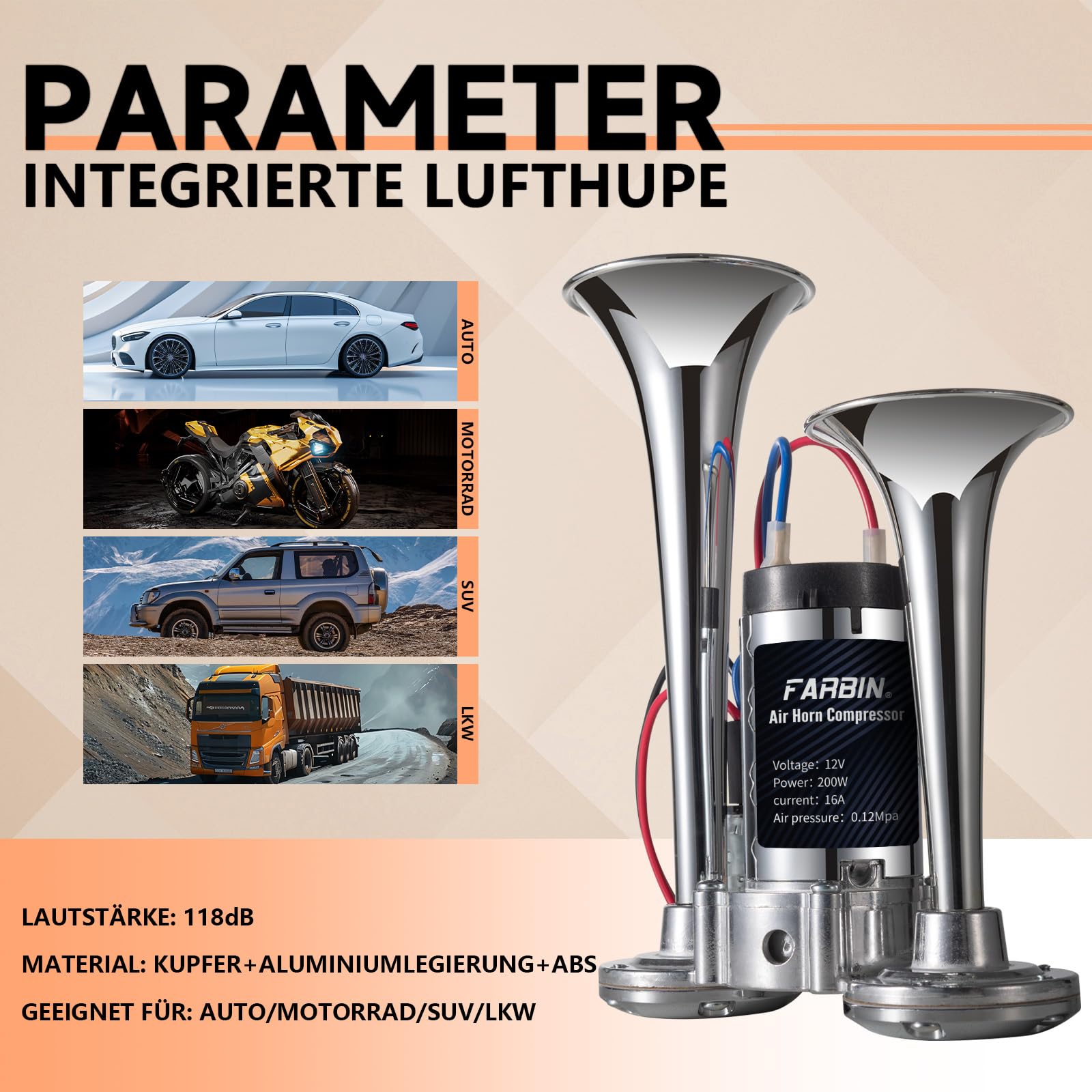 FARBIN Klaxon à air 12V avec compresseur pour voiture, camion, 118 dB, double trompette, avertisseur sonore pour train, bus, fourgonnette, voiture, bateau