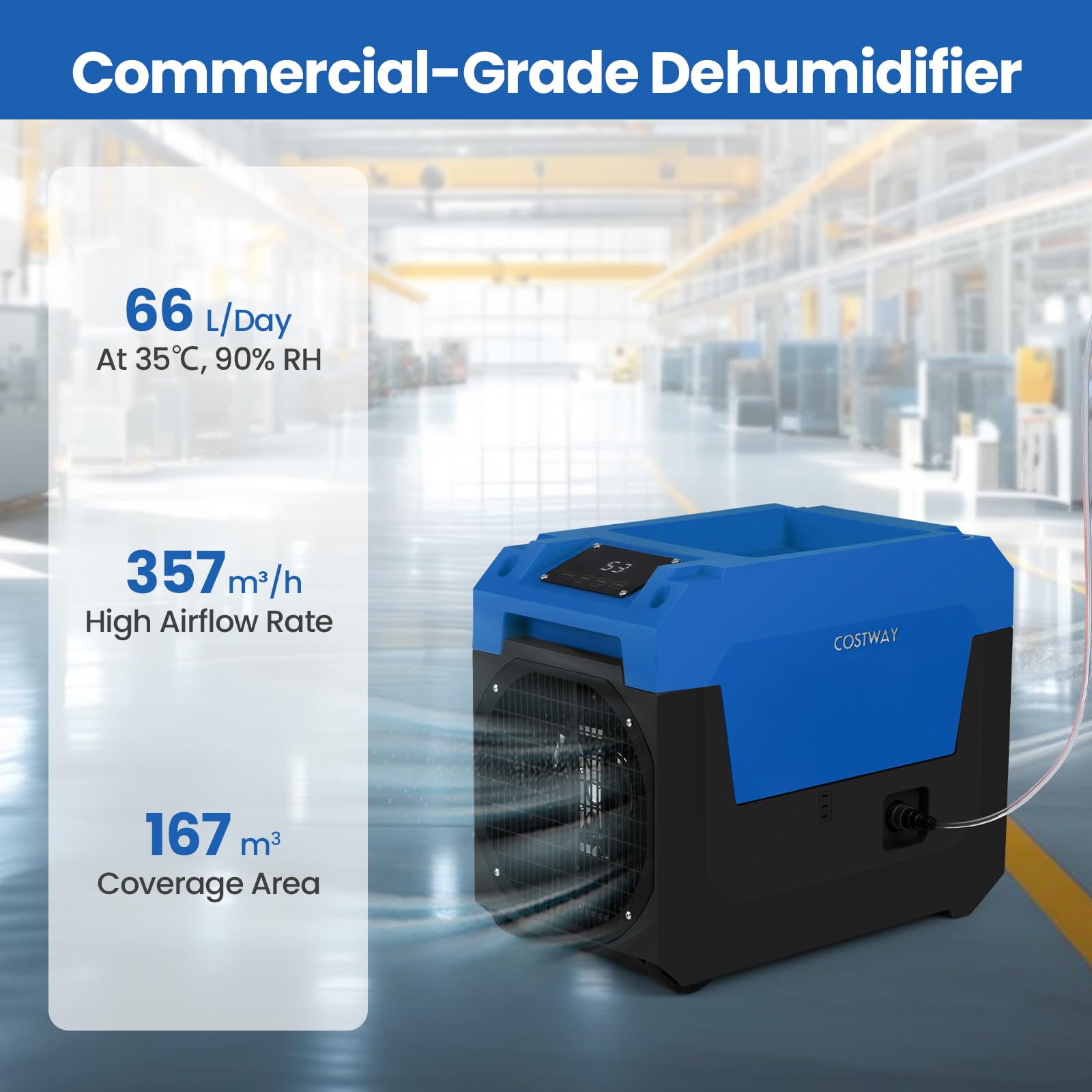 FANTASK Luftentfeuchter 66 L/Tag, elektrischer Bautrockner mit Ablaufschlauch & Pumpe, leistungsstarker Entfeuchter für Keller, Baustelle & große Räume bis 167 m² (Blau)