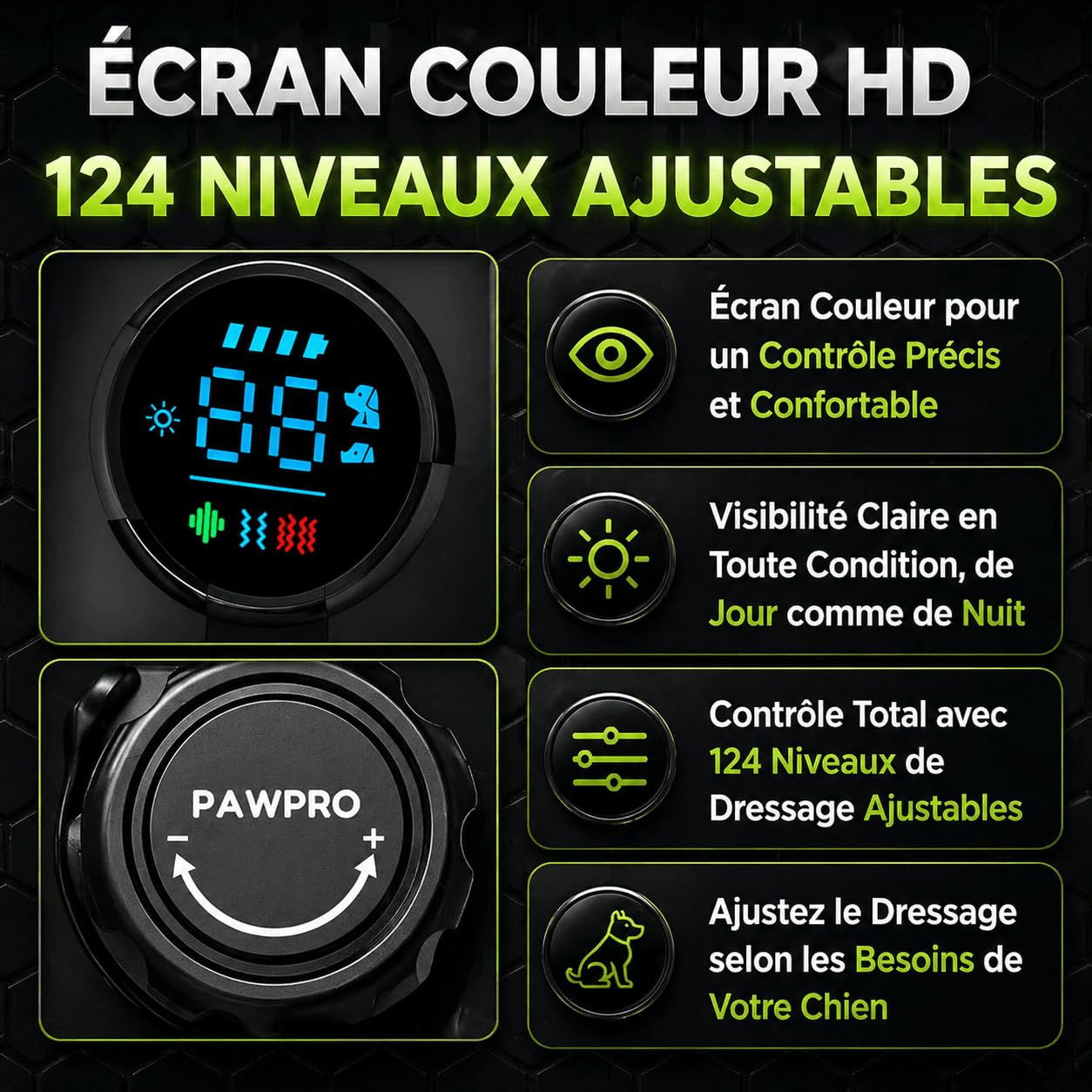 PAWPRO Collier de Dressage, Conforme Nouvelle Loi Bien Être Animal, Portée XXL 3km, Mode Lumière Nocturne, Guide de Dressage Inclus, BIP Vibration Boost, Adapté à Tous Les Chiens (2 Colliers)