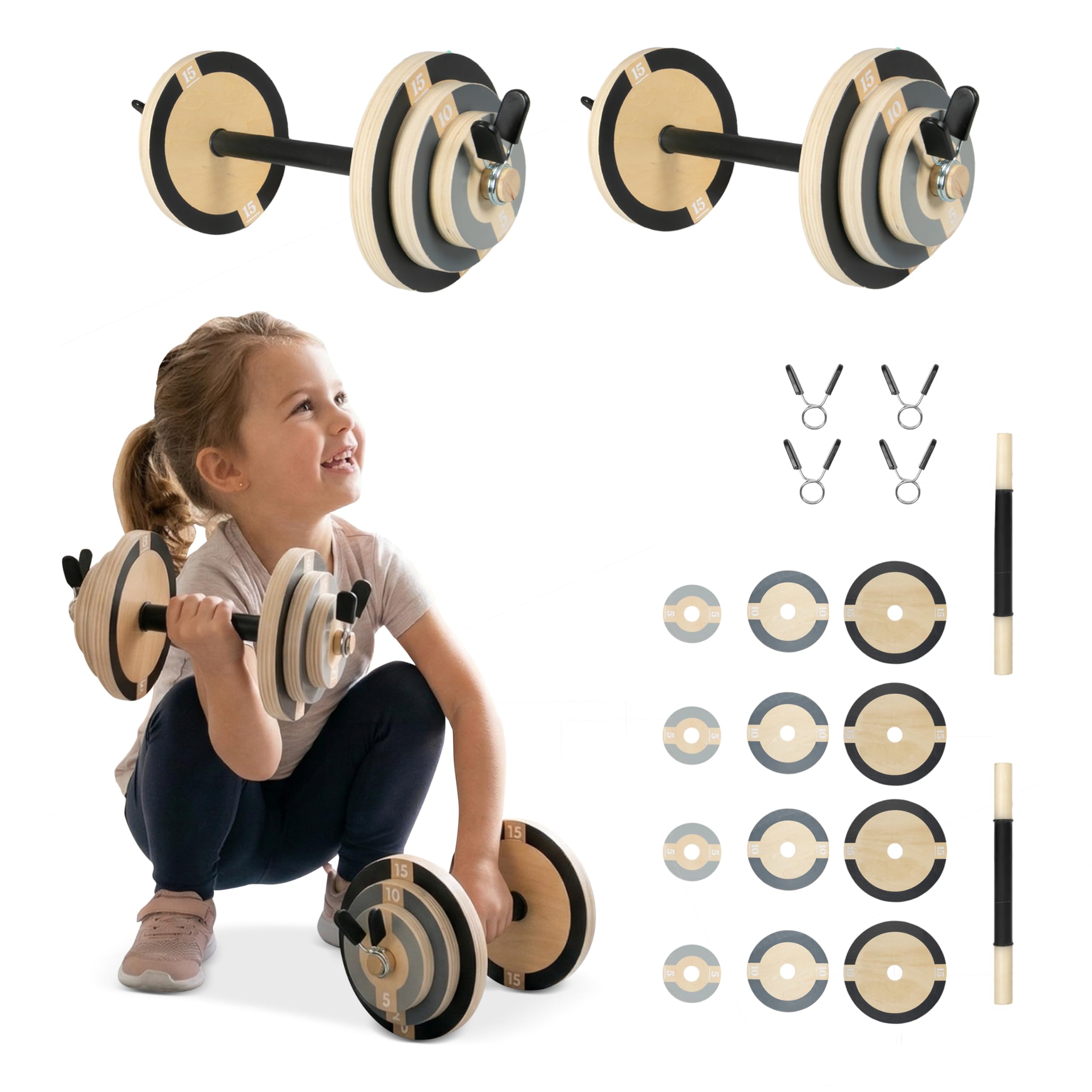 Play Platoon Wood Kids Dumbbells Set - Kids Workout Equipment Weight Set for Indoor Toddler Gym, Kid Exercise Equipment Weights Sets for Boys & Girls with Real Barbell Clips