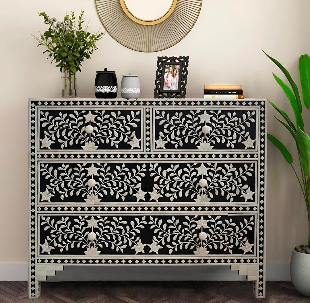 Bone Inlay Style Chest of Drawers | Handcrafted Floral Design Dresser | 4 Drawer Storage Cabinet for Bedroom & Living Room – Black & White-image-18