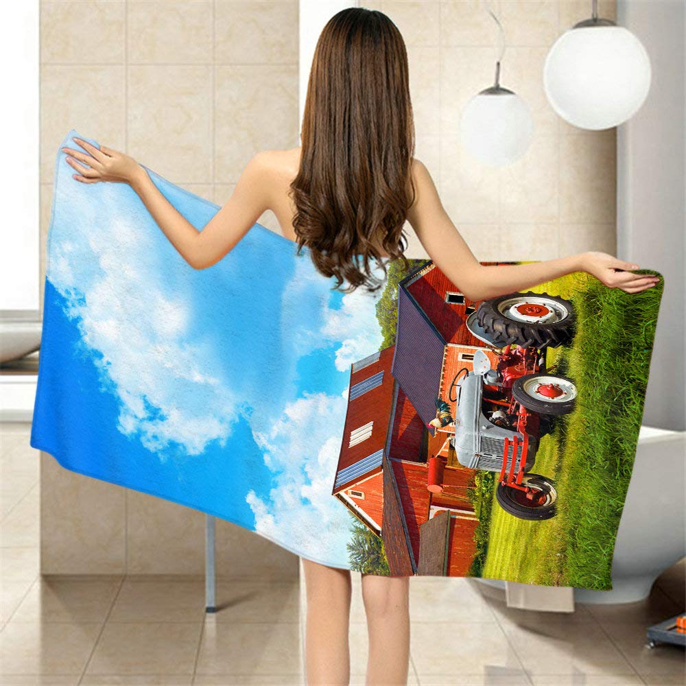 Moslion Comfy Bath Towels Farm Tractor Red Tractor Blue Sky Soft Bathing/Beach/Camping Towel for Women Men Girls Boys Large Size 64x32 Inches