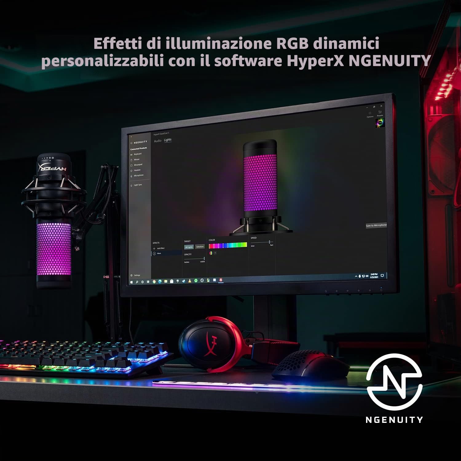 HyperX QuadCast S, Microfono da Gaming, USB a condensatore, Anti-Vibrazione, FiltroPop, Illuminazione RGB, Tap-To-Mute, Streaming, Discord, Twitch, Discord, Youtube, per PC, PS5, PS4, Mac, Bianco
