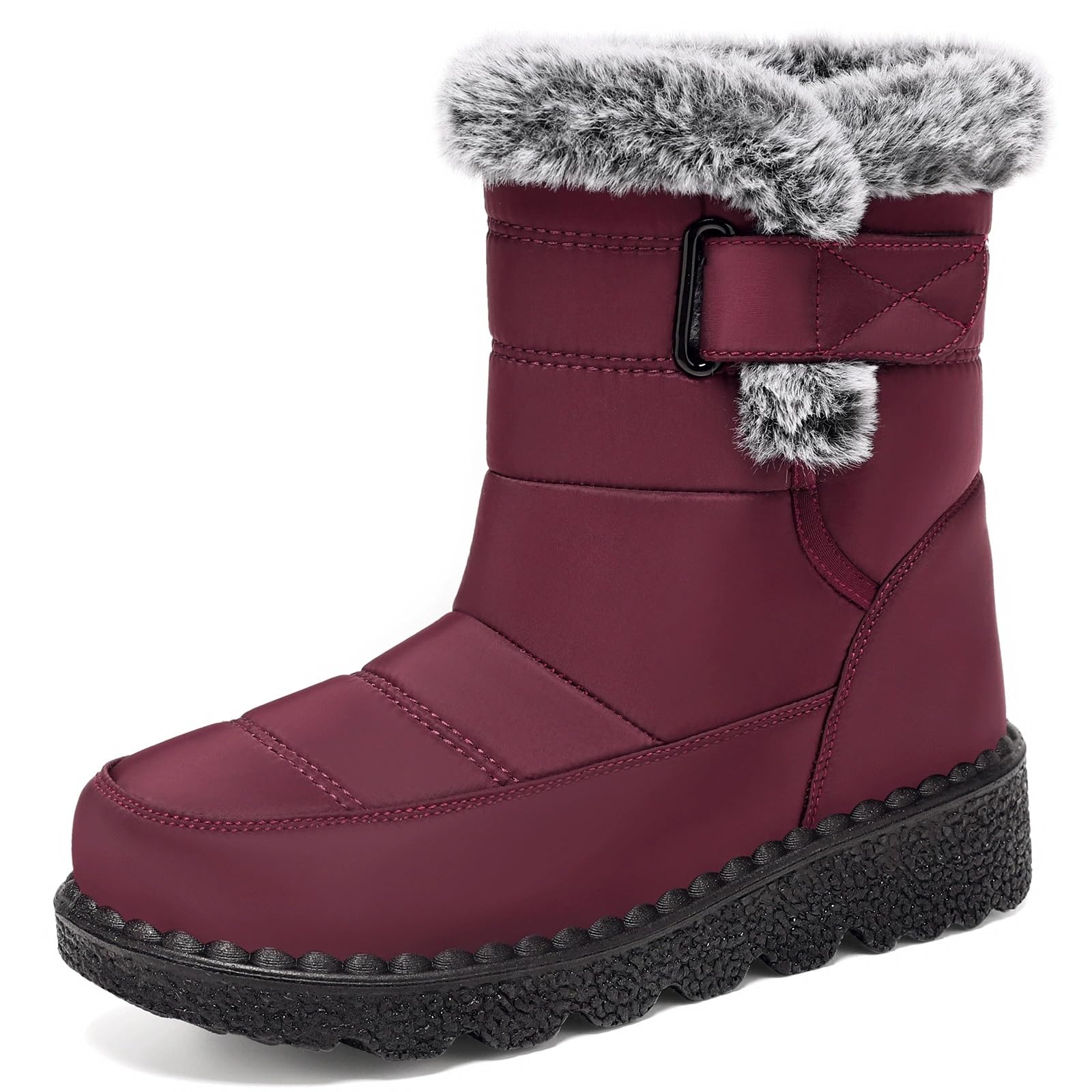 Womens Snow Boots Warm Fur Lined Ankle Booties Outdoor Anti-Slip Waterproof Short Booties Buckle Strap Pu Leather Round
