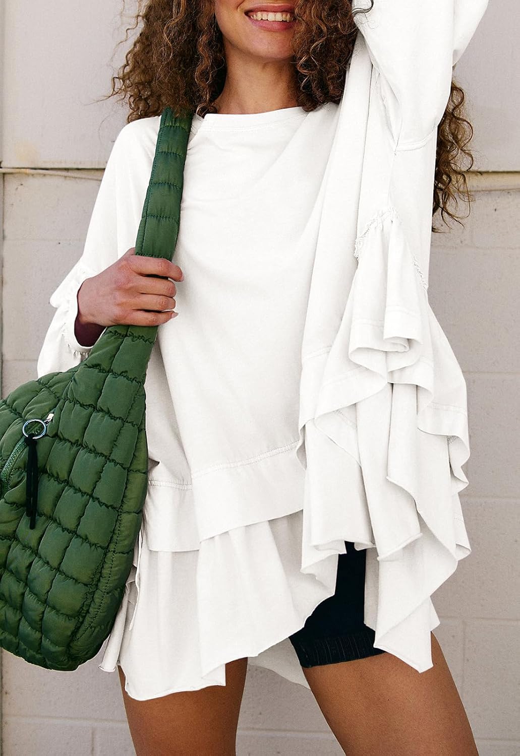 Womens Long Sleeve Oversized Tshirts Flowy Peplum Top Loose Fit Tunics Tops to Wear With Leggings Workout Shirts White - Image 2