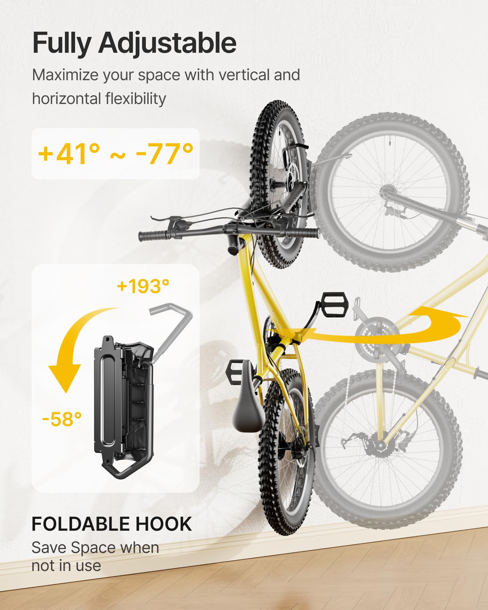 monTEK Fahrrad-Wandhalterung für 11,4 cm Reifenbreite, schwenkbarer Fahrrad-Wandaufhänger, hält bis zu 35 kg, platzsparender Fahrradständer, Garage, robuste Fahrradaufbewahrung für Schlafzimmer