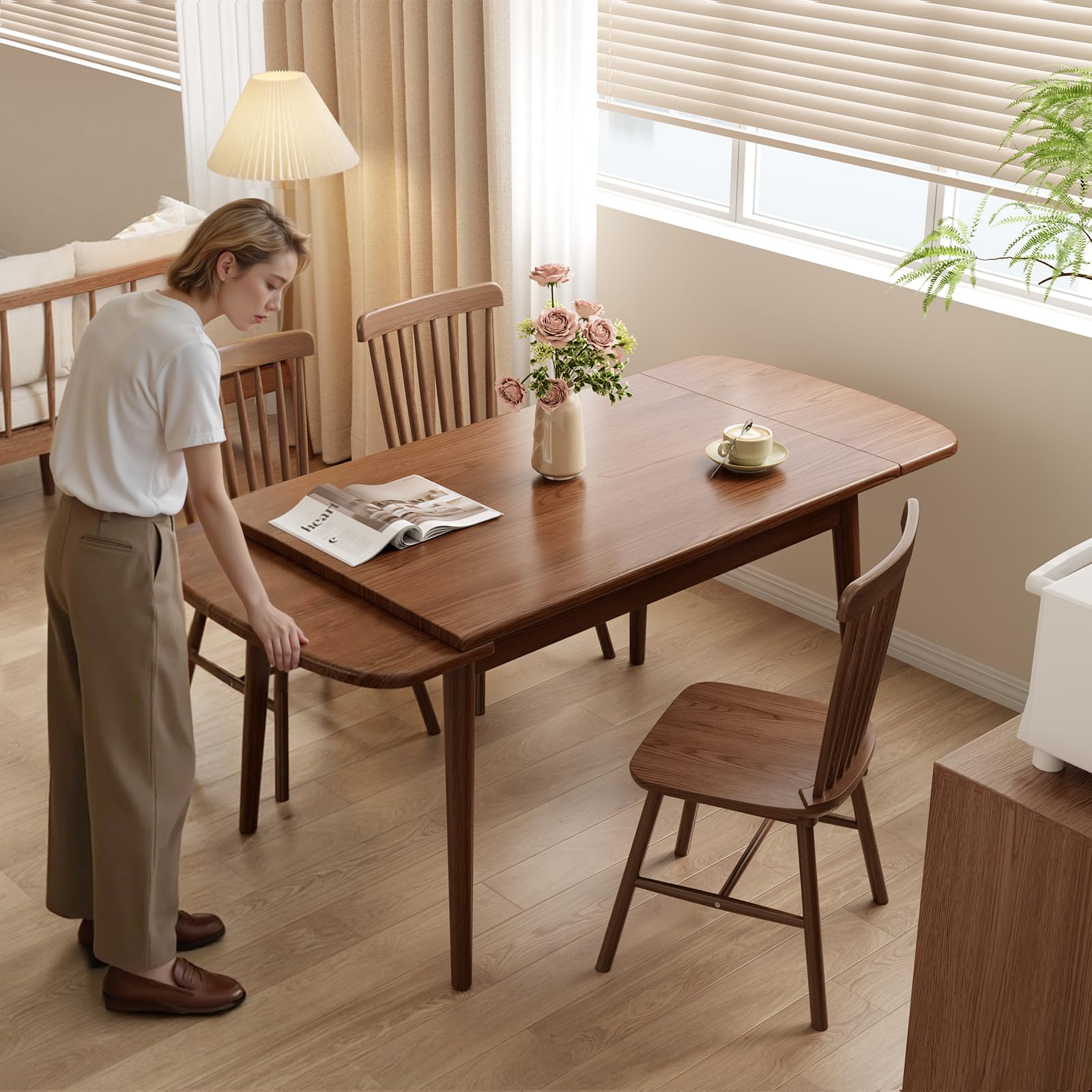 Photo 1 of DONGMUWUJEE Solid Wood Extendable Dining Table for 4-8, 47.2” to 70.8” Expandable Table, Easy Assembly Extendable Dining Room Table, 3-in-1 Design, Ideal for Dining Room, Kitchen, Living Room (Walnut)