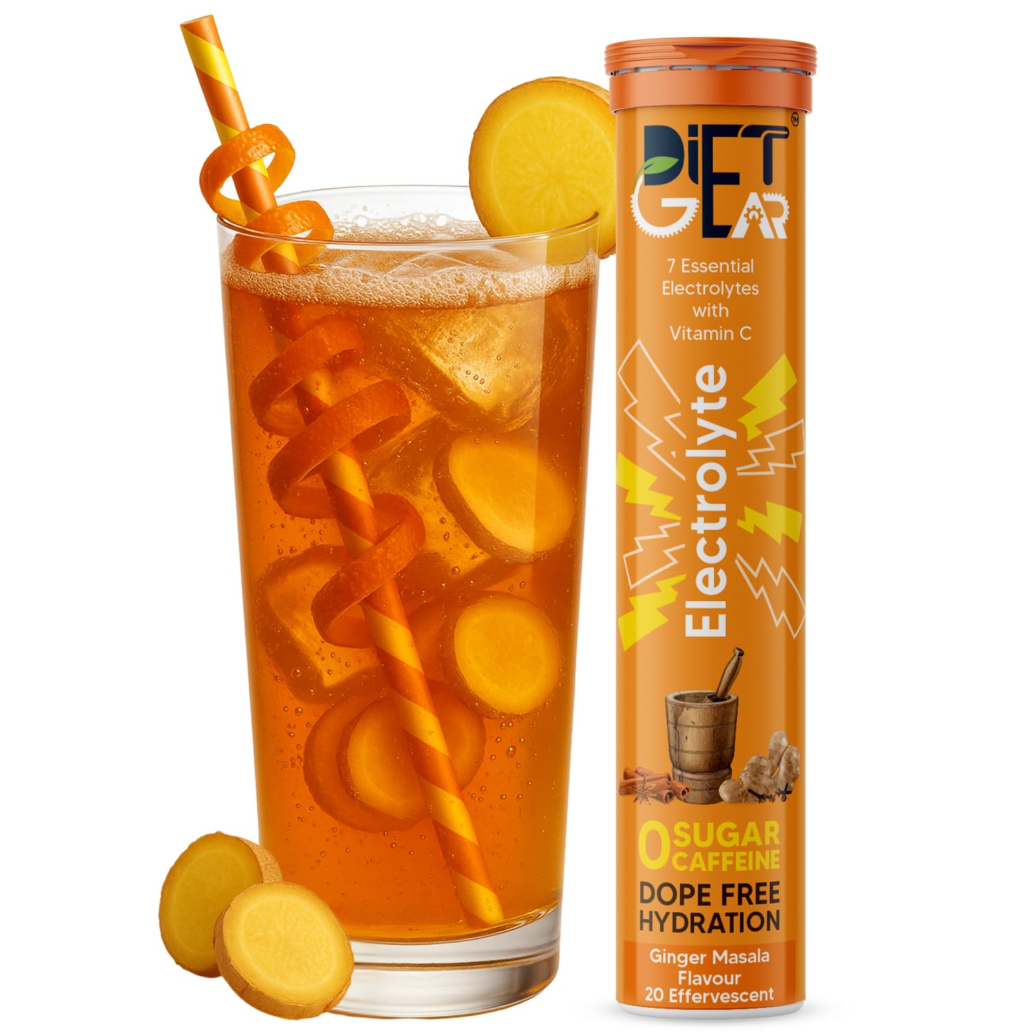 DIET GEAR Energy Drink-5 litre Zero Sugar,Zero Caffeine Electrolytes 20 Effervescent Servings|added 7 Essential Electrolyte Salts (Na,K,Mg,Ca,Cl,Zn,SO4) + Vitamin C|Ginger Masala Flavor,tablet,1 count