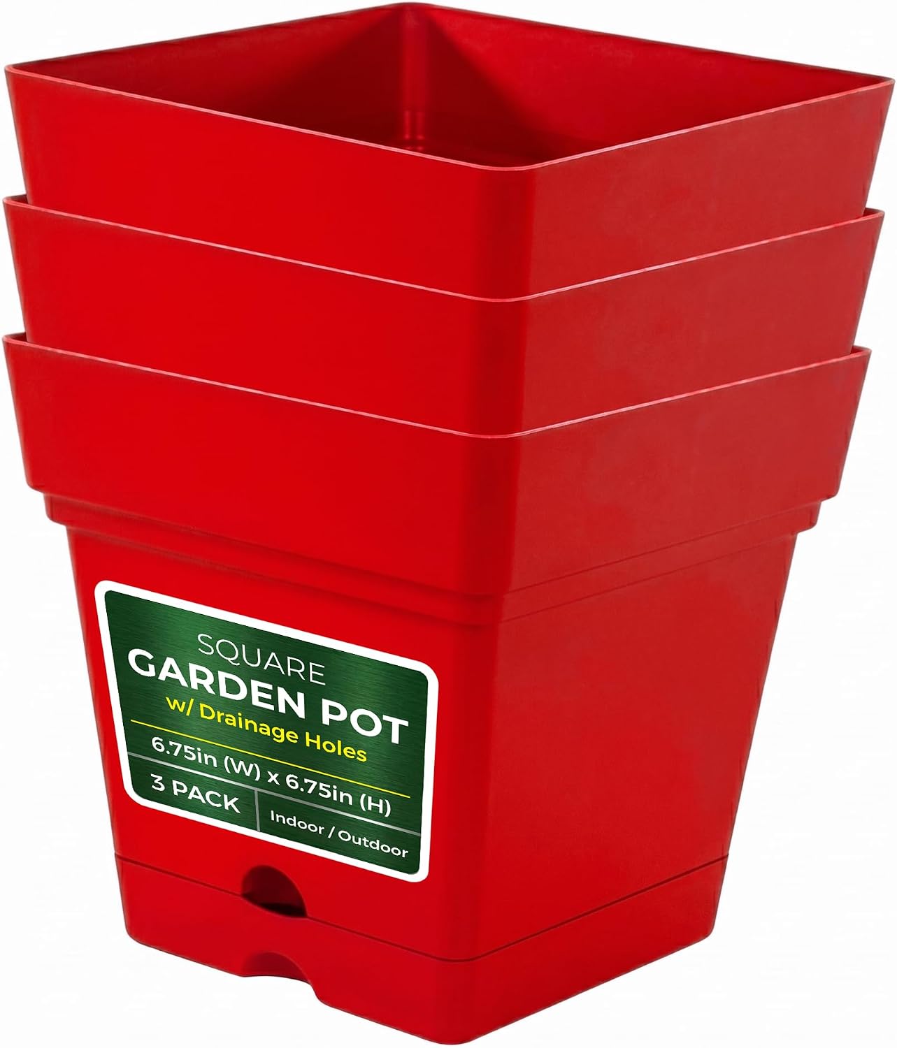 Mintra Plastic Square Planter Pots, Durable Indoor & Outdoor Flower Pots with Saucer & Drainage Holes, Bulk Set Ideal for Nursery, Small Trees, and Garden Decor, 6.75" H x 6.75" W – Pack of 3, Red