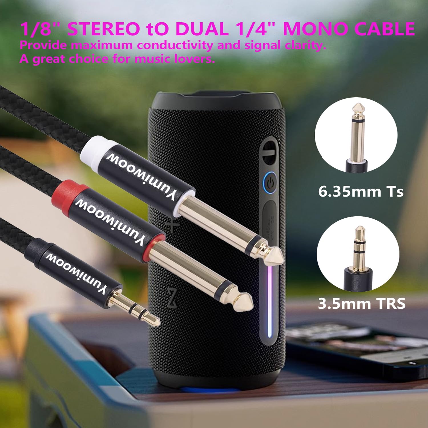 Adaptador dual de 3,5 mm a 1/4 de 1/8 a 6,35 mm TS mono cable de audio estéreo divisor en Y compatible con iPhone, iPod, tarjeta de sonido de computadora, auriculares, altavoz, sistema estéreo