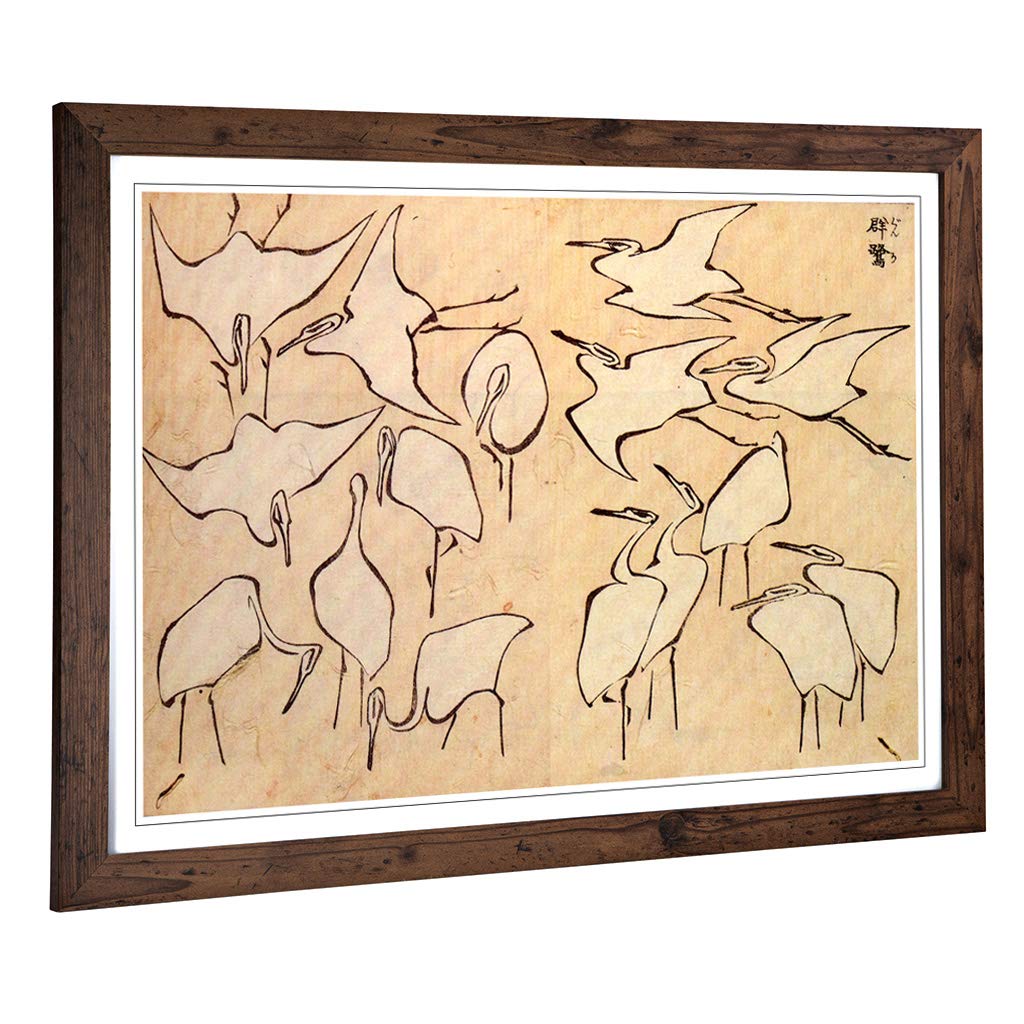 Big Box Art Framed Print of Hokusai Cranes Japanese Oriental Design | Wall Art Picture | Home Decor for Kitchen, Living Room, Bedroom, Hallway, Walnut, A2 / 24.5x18 Inch / 62x45cm