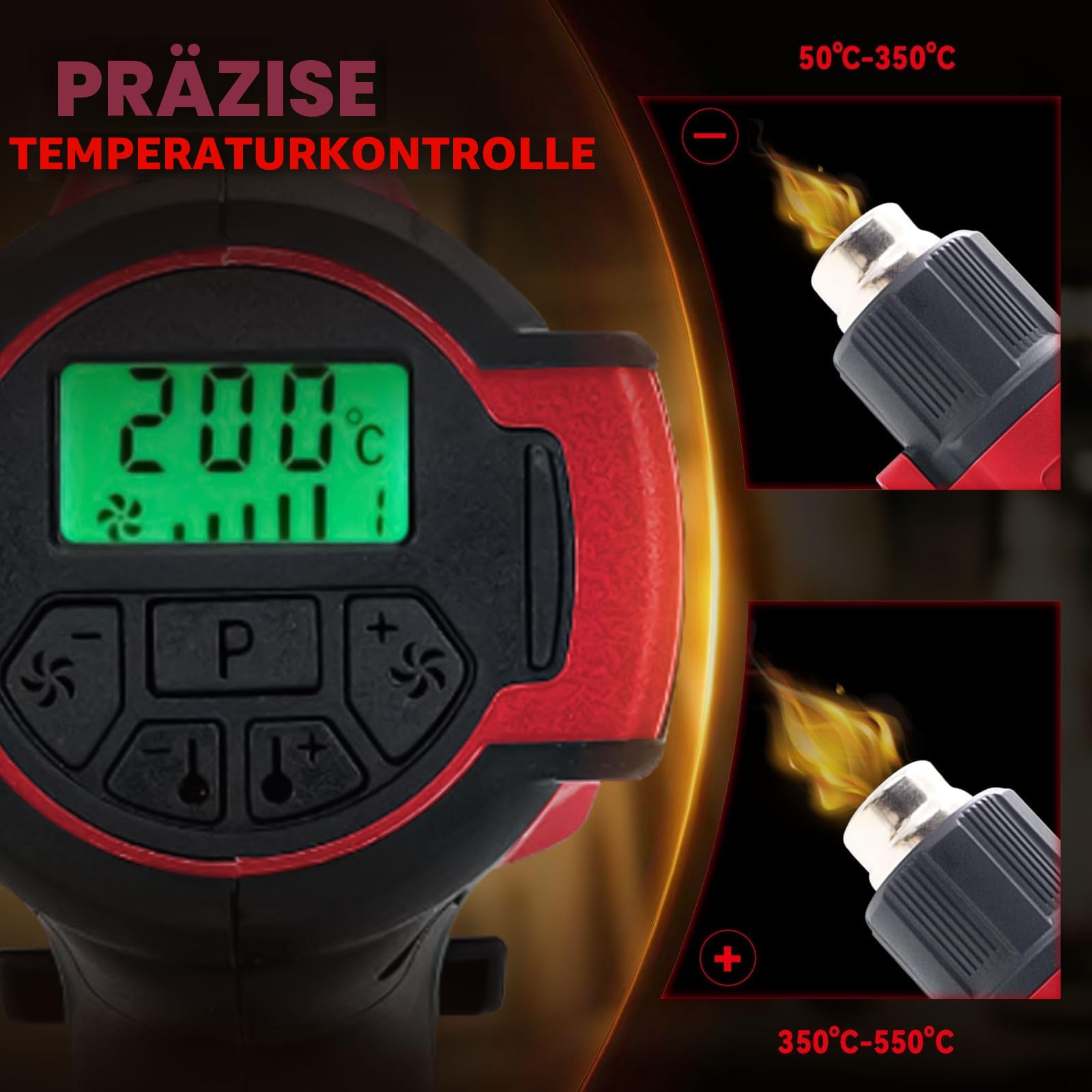 Akku-Heißluftpistole für Milwaukee 18 V Akku, schnurlose Heißluftpistole mit LCD-Display und 5 Düsen, 50 °C - 550 °C, variable Temperaturregelung zum Schrumpfen von PVC, Basteln (keine Batterie)