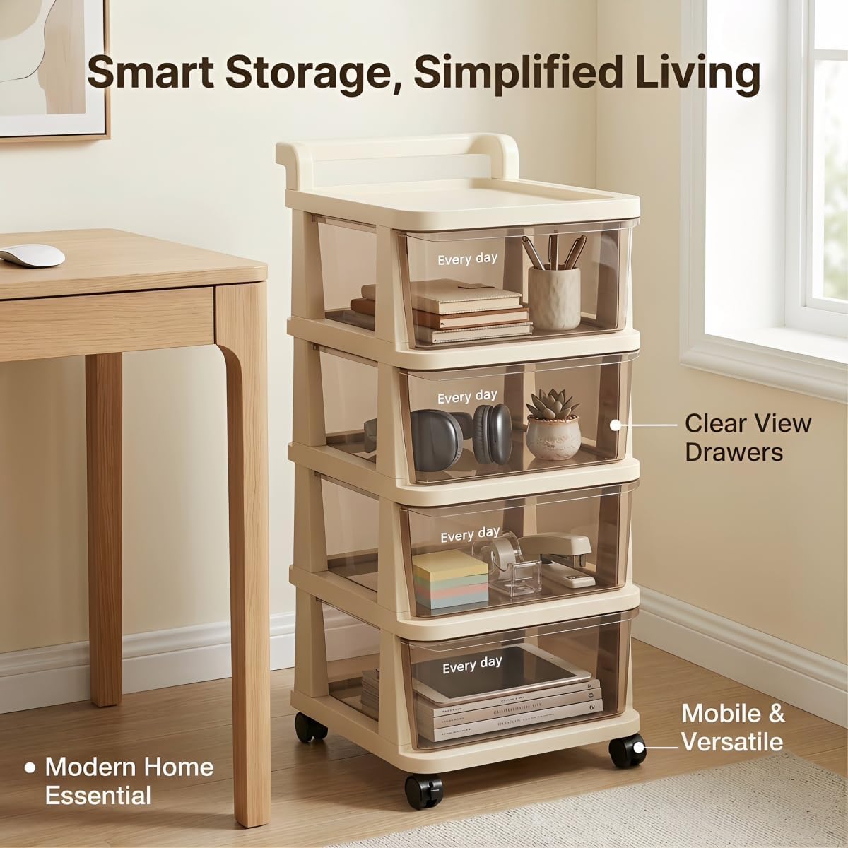 4-Tier Clear Drawer Storage Cart with Locking Wheels&Handle, Easy Assembly Rolling Storage Cabinet Organizer, Compact Drawer Tower for Bathroom Kitchen Dorm Office