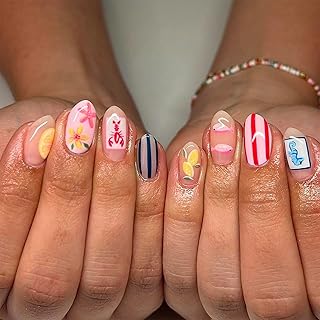 24 Stück Sommer Press on Nails, Oval Künstliche Nägel Kurz, Blumen Design Nägel Zum Aufkleben, Sommer Press On Nail Almond, Streifen Muster Beach Nails Mit Lemon Lobster Design