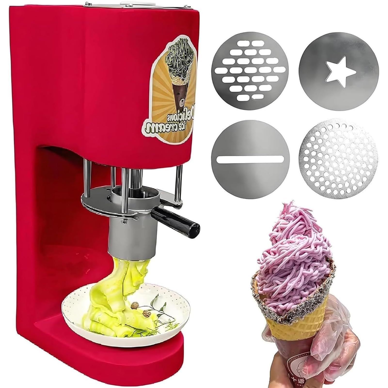 LYJIANGXIN Commercial Ice Cream Noodle Maker Machine, 80W Electric Spaghetti Ice Cream Extruder with 4 Mold Attachments, High Capacity Soft Serve Dessert Machine for Cafés & Restaurants