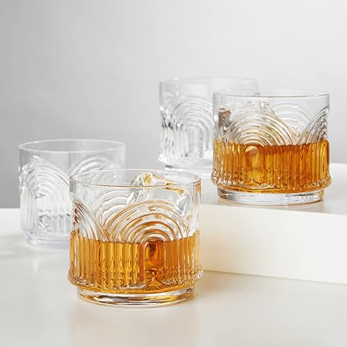 Miniatura 4 de Viski Beau - Juego de 4 vasos bajos sin tallo, vasos de cristal vintage para whisky, estilo antiguo, escocés y bourbon, diseño de arco de copas de