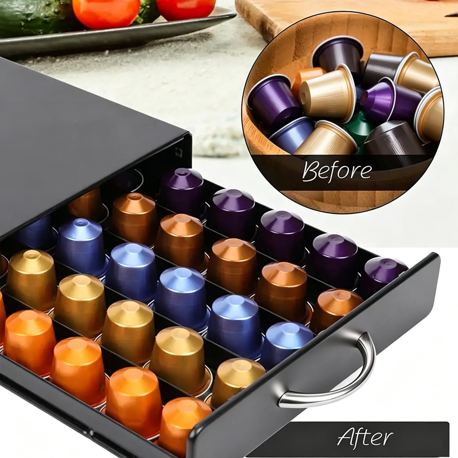 Soporte para cápsulas de café, organizador de cajón de cápsulas de café de 50 cápsulas para cápsulas Dolce Gusto/NES-presso/Vertuoline, soporte de almacenamiento de acero compatible con cafeteras para