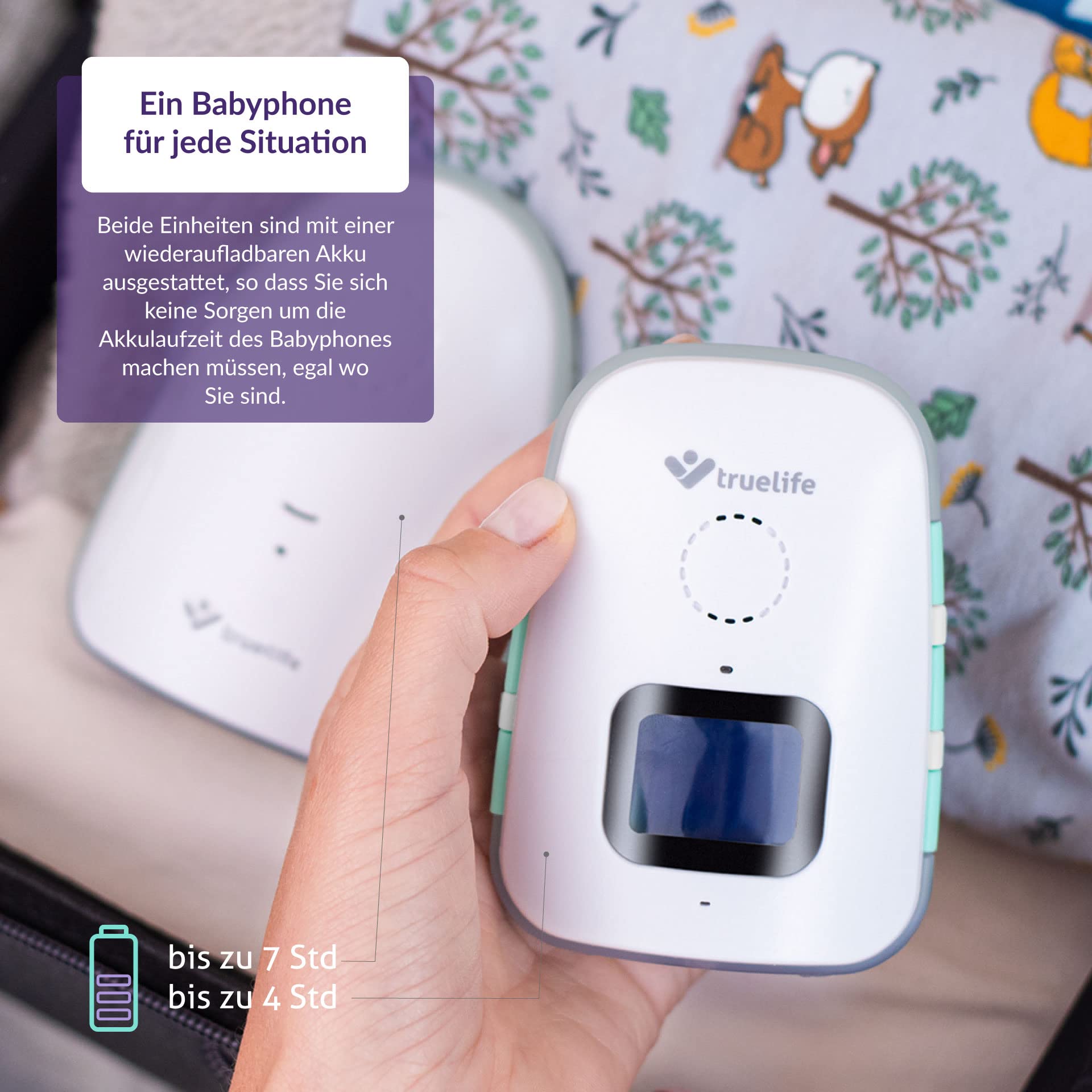 TrueLife NannyTone VM3 Babyphone avec IP67, portée extra large jusqu'à 800 m et 300 m dans les zones construites, avertissement de température 16-30 °C, son cristallin, alimentation par batterie