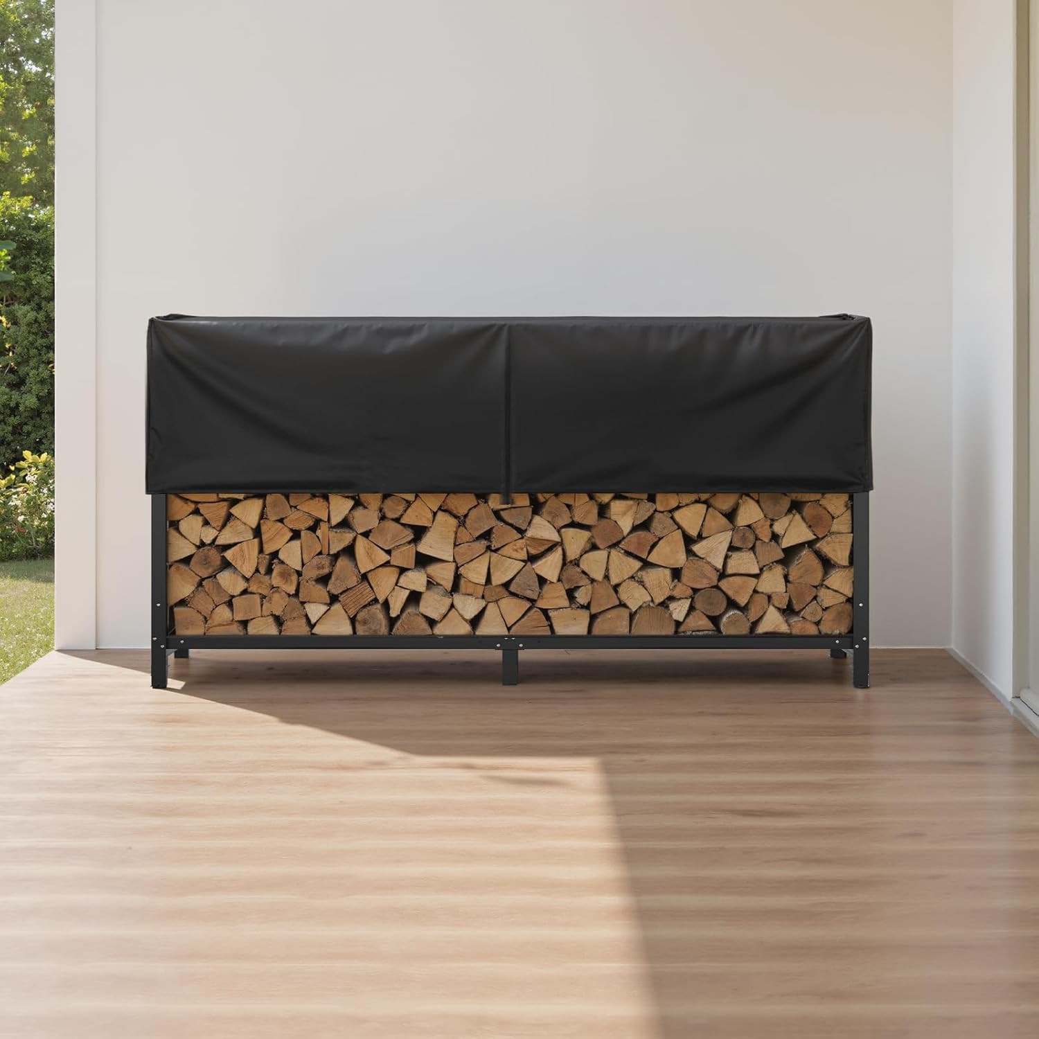 Heavy Duty 8ft Firewood Rack with Cover Outdoor, 1/2 Cord Capacity Log Holder Sturdy Steel Construction, All-Weather Black Powder Coat Wood Storage Organizer for Indoor&Outdoor Use, Black