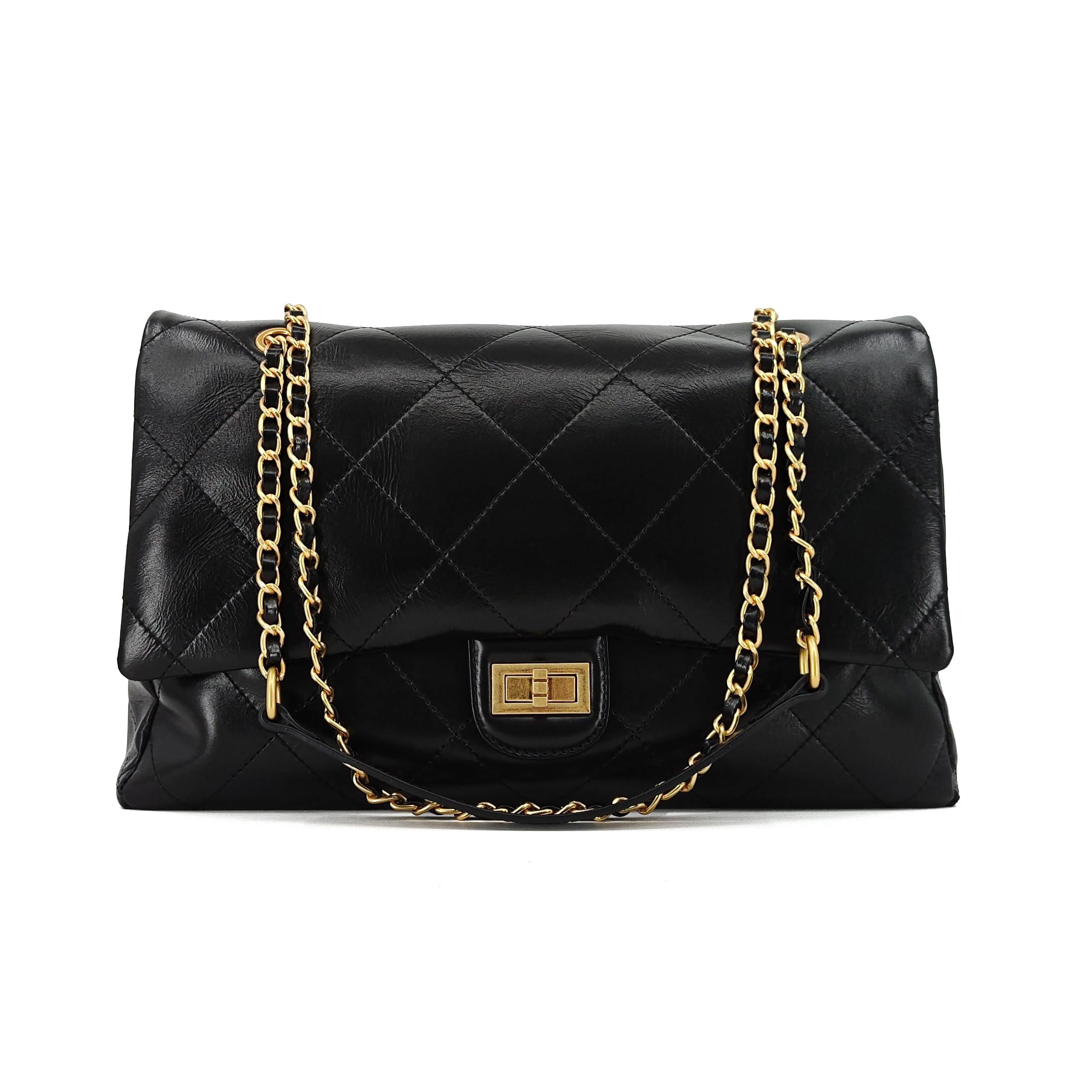 M-ioi-M Large Quilted Leather Shoulder Bag for Women Oversize Double Gold Chain Strap Tote Bag Classic Briefcase Flap