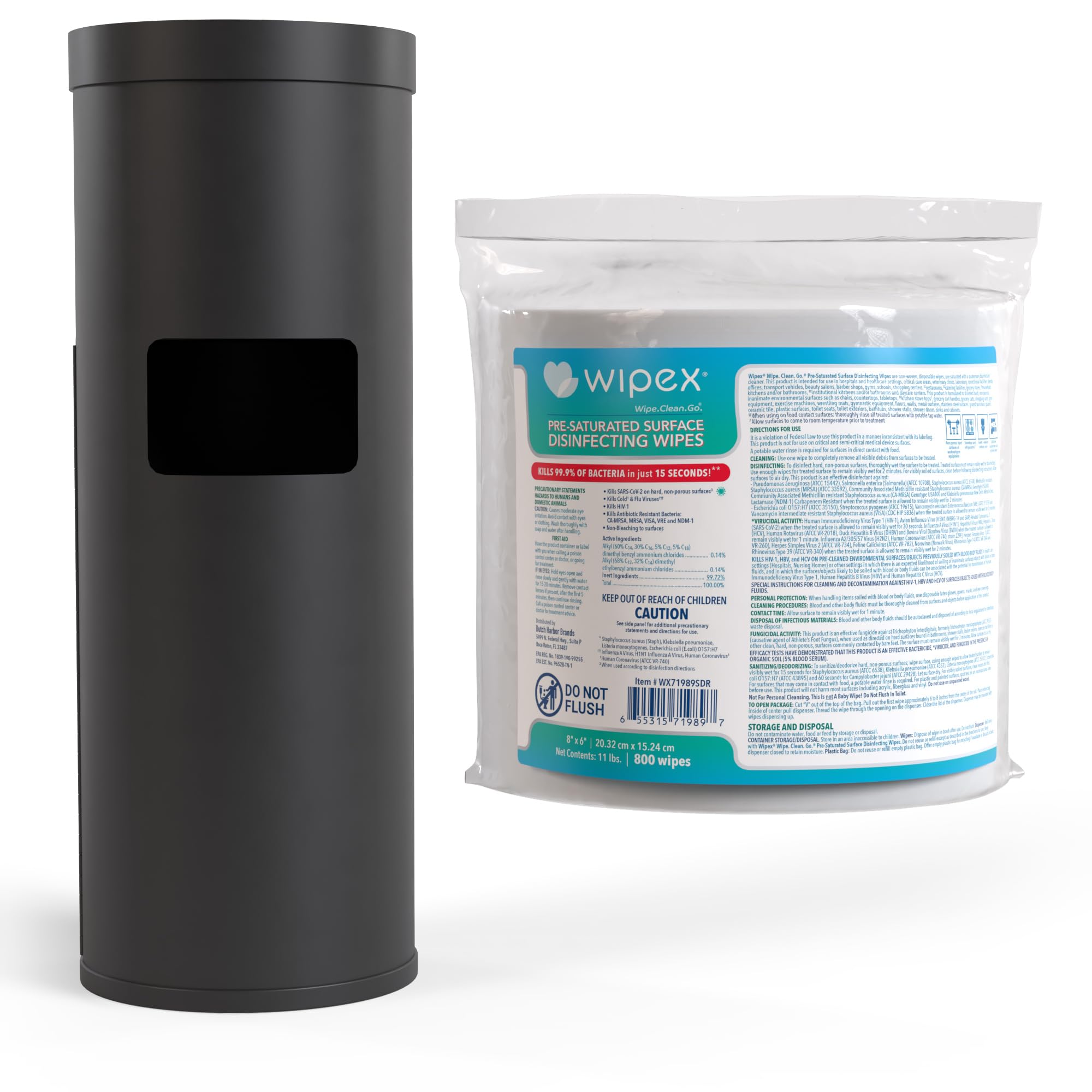 Wipex Gym Wipes Bundle: (1) Premium Black Wipe Dispenser with Trash Bin - Stainless Steel and (1) 800ct Disinfecting Gym Wipes Refill Roll - Suitable Use for School, Office, Gym, and Public Venues