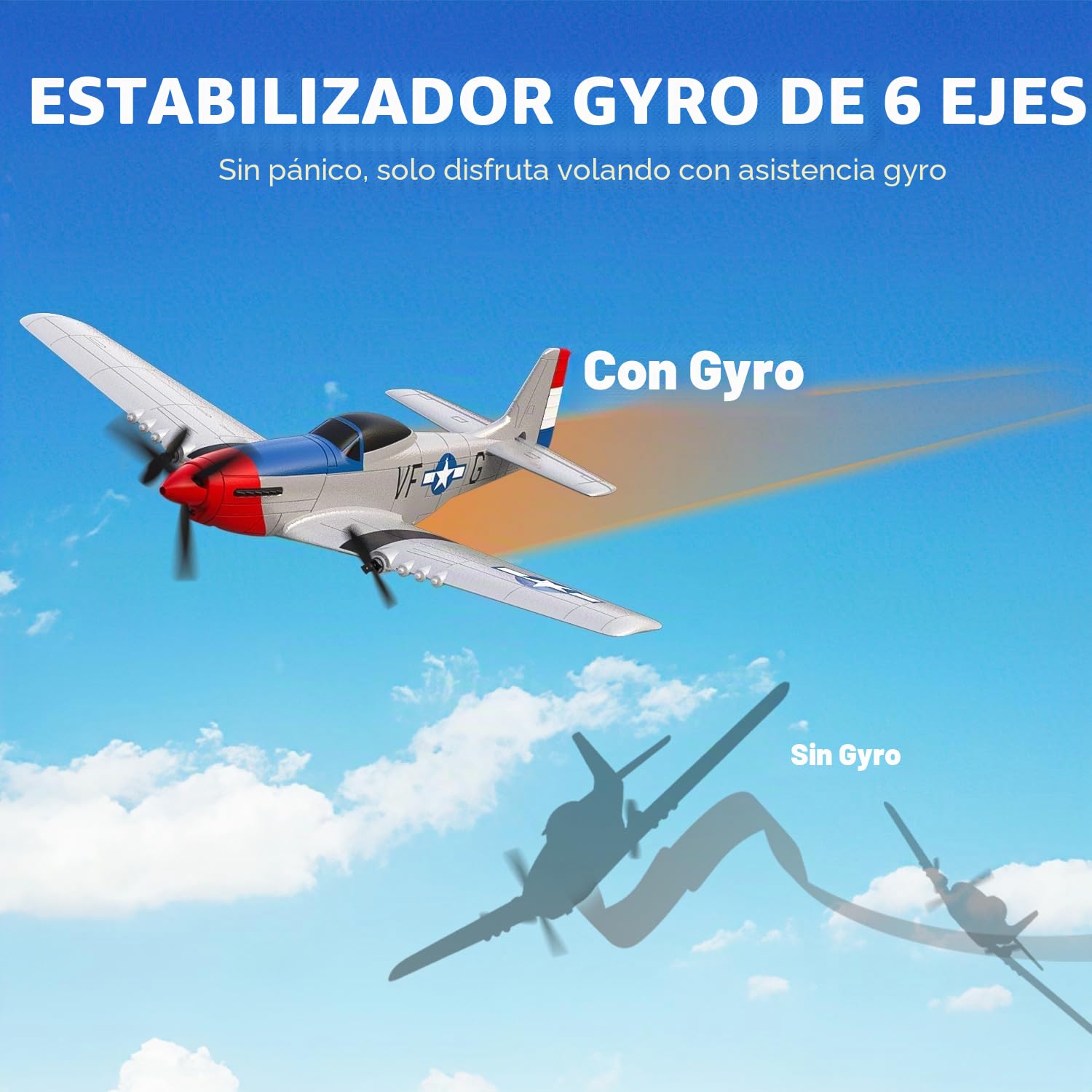 volantexrc P51D Mustang 3 Canales Avión Controlado por Radio RTF con 2 Baterías 3CH RC Plane RTF RC Juguete Planeador para Principiantes, Niños, Adultos