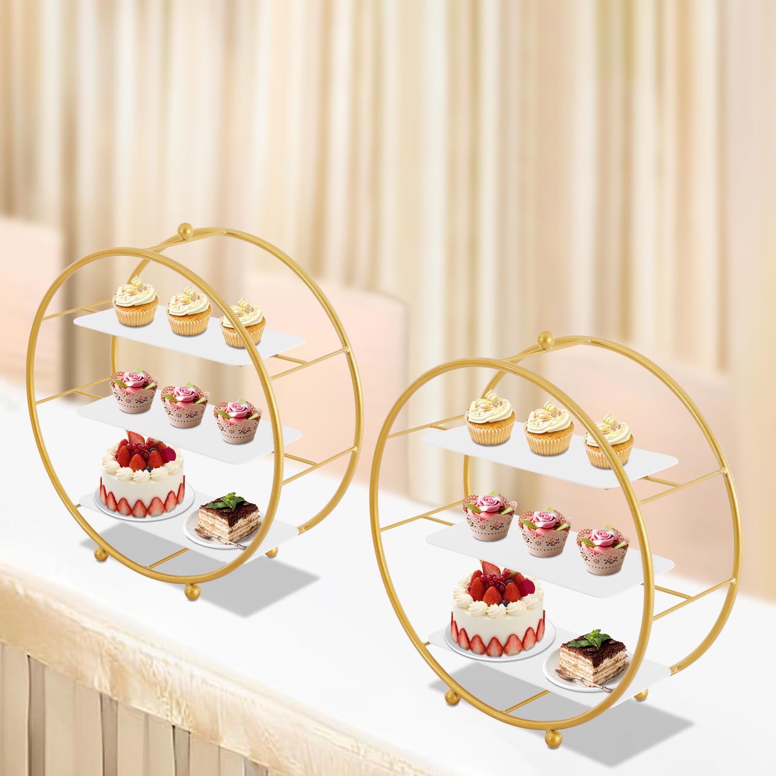 2 Pcs 16.9 Inch Round Gold Tiered Cupcake Stand, 3 Tier Cupcake Holder Stand, Dessert Stand for Party Wedding Birthday Anniverary