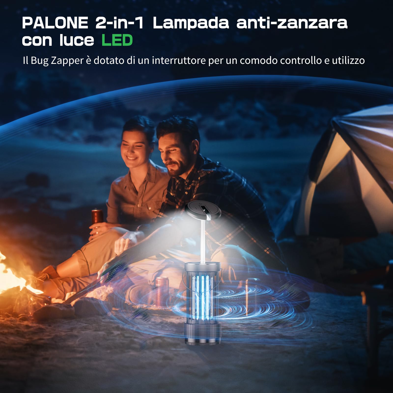 PALONE Lampada Antizanzare Elettrica con Luci UV e LED Regolabili | 4000mAh 4500V USB Zapper per Insetti, Trappola Elettrica Portatile per Interni ed Esterni, Campeggio, Pesca, Escursionismo