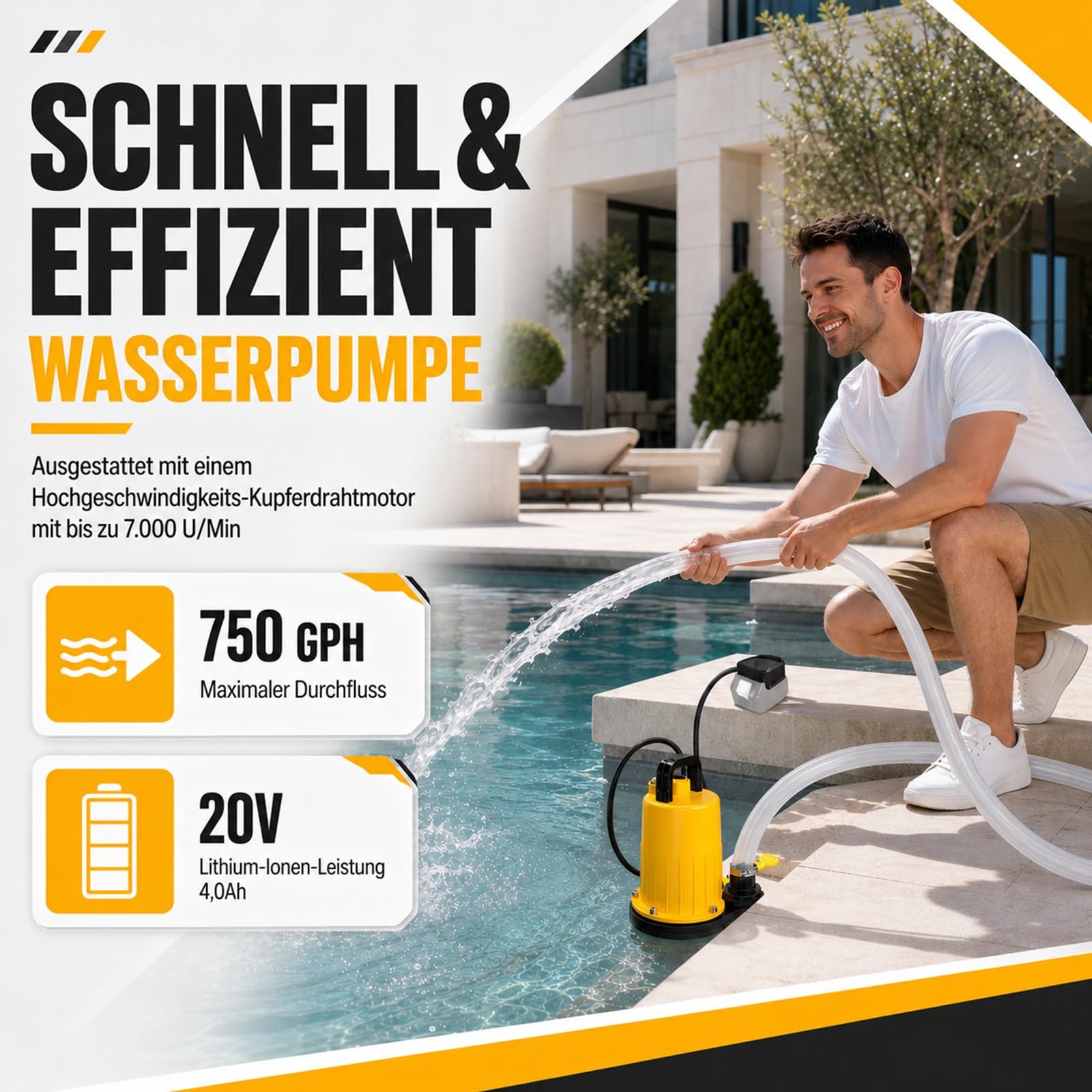 Akku Tauchpumpe für Dewalt 18V Akku (Ohne Akku), 2800L/H Klarwasserpumpe mit 12m Förderhöhe, 5m Anschlusskabel, 10m Ablaufschlauch & Sicherheitsdeckel, für Pool, Wasserbett, Garten, Teich Entwässerung