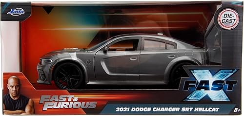 Jada Toys - Dodge Charger rápido y furioso (1:24, gris) - Modelo de Fast & Furious 10, 2021 SRT Hellcat Die Cast con piezas de apertura, 7.5 in, a