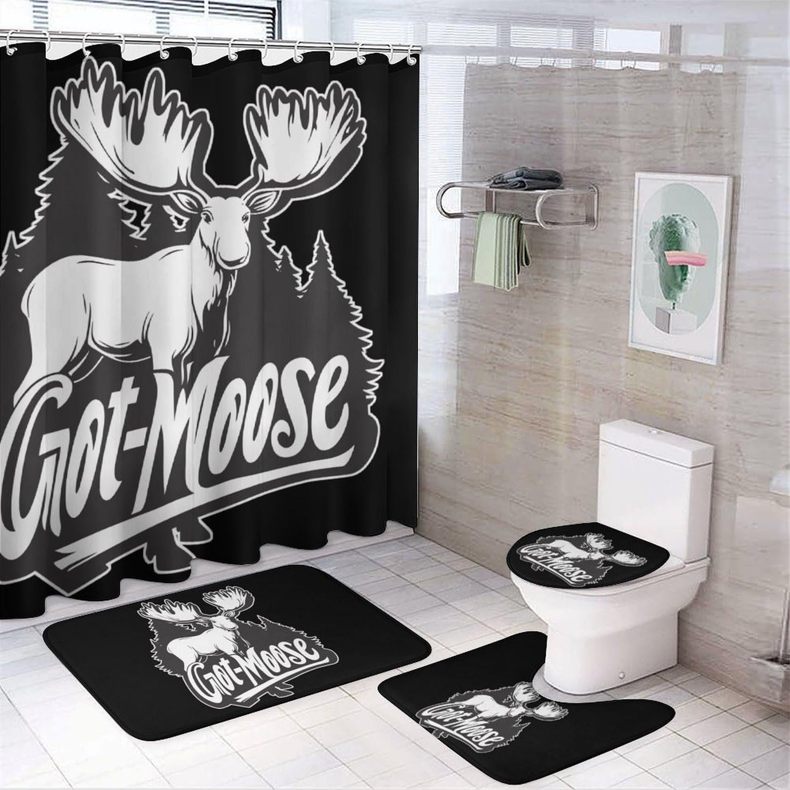 CGSBNGHA Got Moose Shower Curtain Set 4 Piece Bathroom Sets with Rugs Toilet Lid Cover And U-Shaped Floor Mat