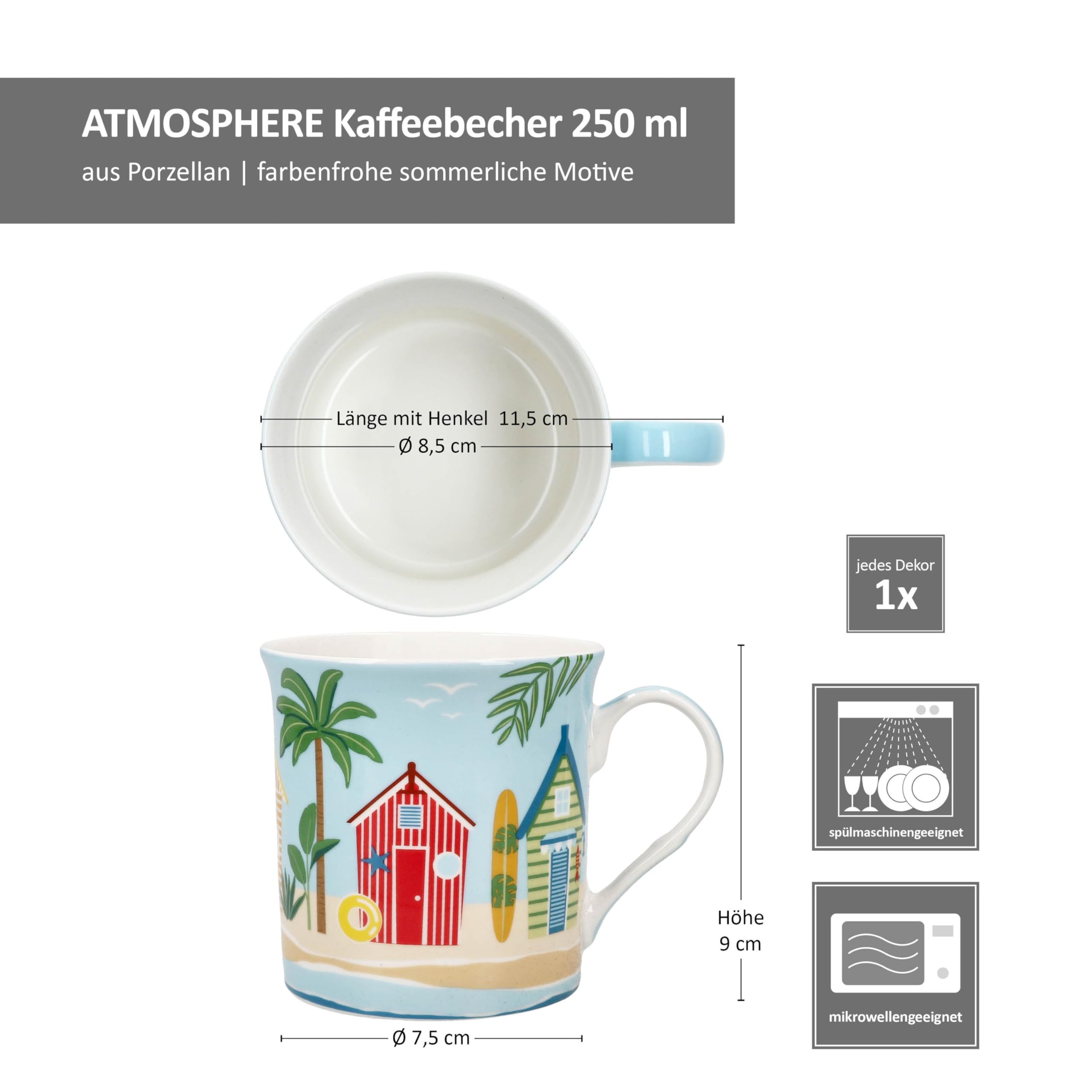 MamboCat Atmosphere - Set di 4 tazze da caffè in porcellana, 250 ml, 4 diversi motivi estivi, in confezione regalo, cilindriche per tè, cappuccino, cacao