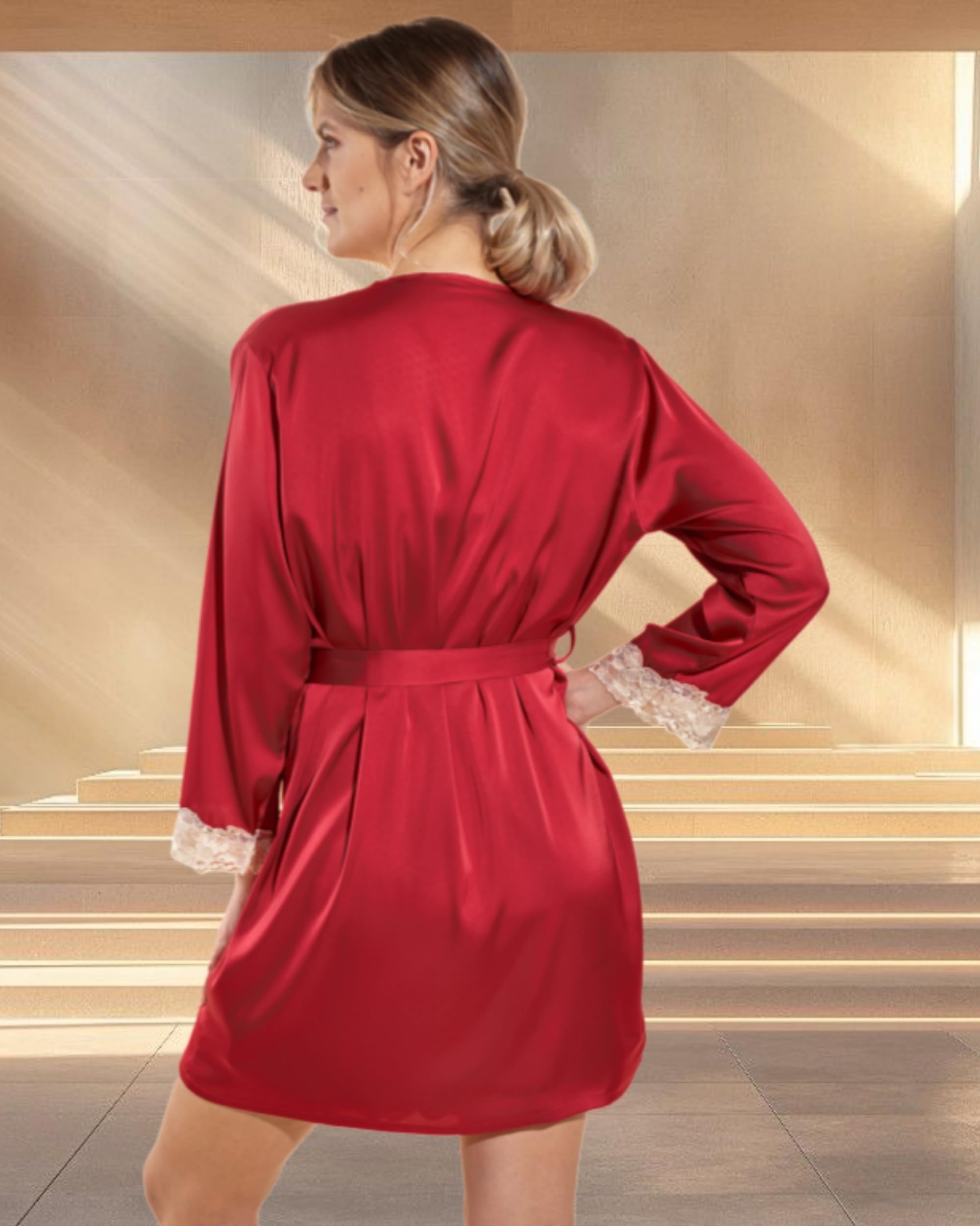 Pigiama da Donna in Raso setoso, Tinta Unita, Lingerie Pigiami con Pizzo, Set da 5 Pezzi Robe Accappatoio, Camicie da Notte, Top, Pantaloni, Pantaloncini.