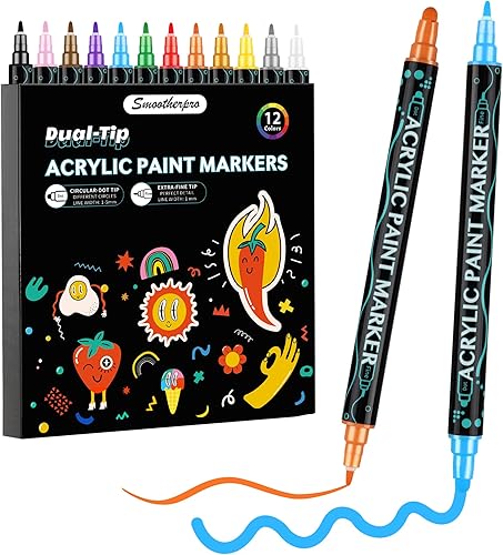 SMOOTHERPRO Bolígrafos de pintura acrílica de doble punta, 12 colores, marcadores de pintura acrílica con punta fina y punta redonda para pintura de