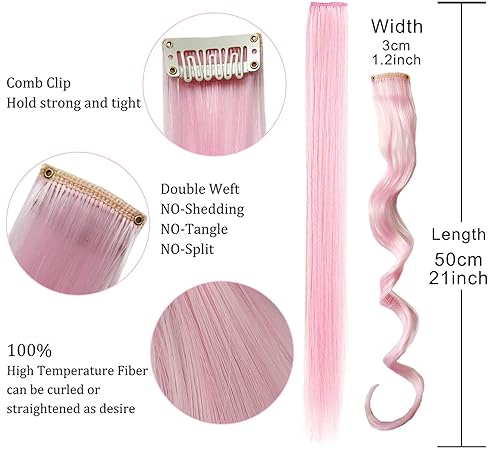 Miniatura 4 de 10 piezas de accesorios para el cabello de color rosa claro y rosa de 21 pulgadas, con clip, multicolor, extensiones de color liso para niñas y